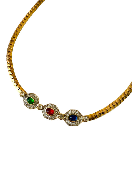 Vintage Multicolor Cabochon Rhinestone Gold Tone Herringbone Necklace