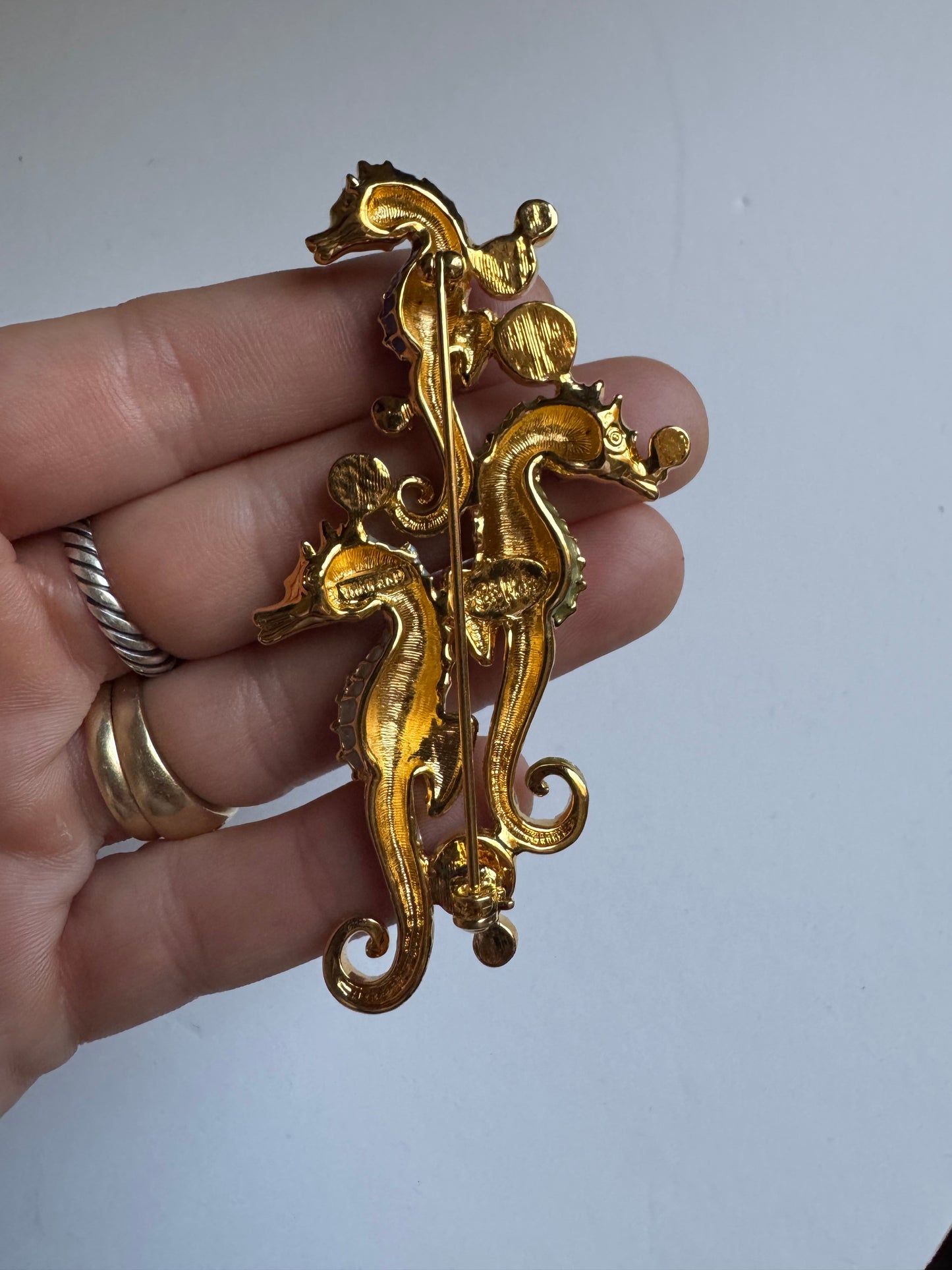Vintage Rare Signed Bob Mackie Triple Seahorse Enamel Brooch with Iridescent Bubble Cabochons