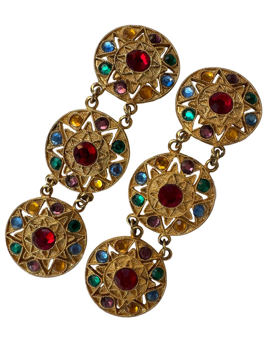 Vintage Celestial Multicolor Rhinestone Triple Medallion Statement Clip-On Earrings