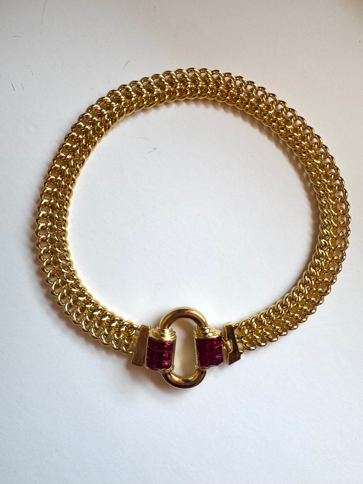 Vintage Les Bernard Gold Tone Red Crystal Statement Necklace