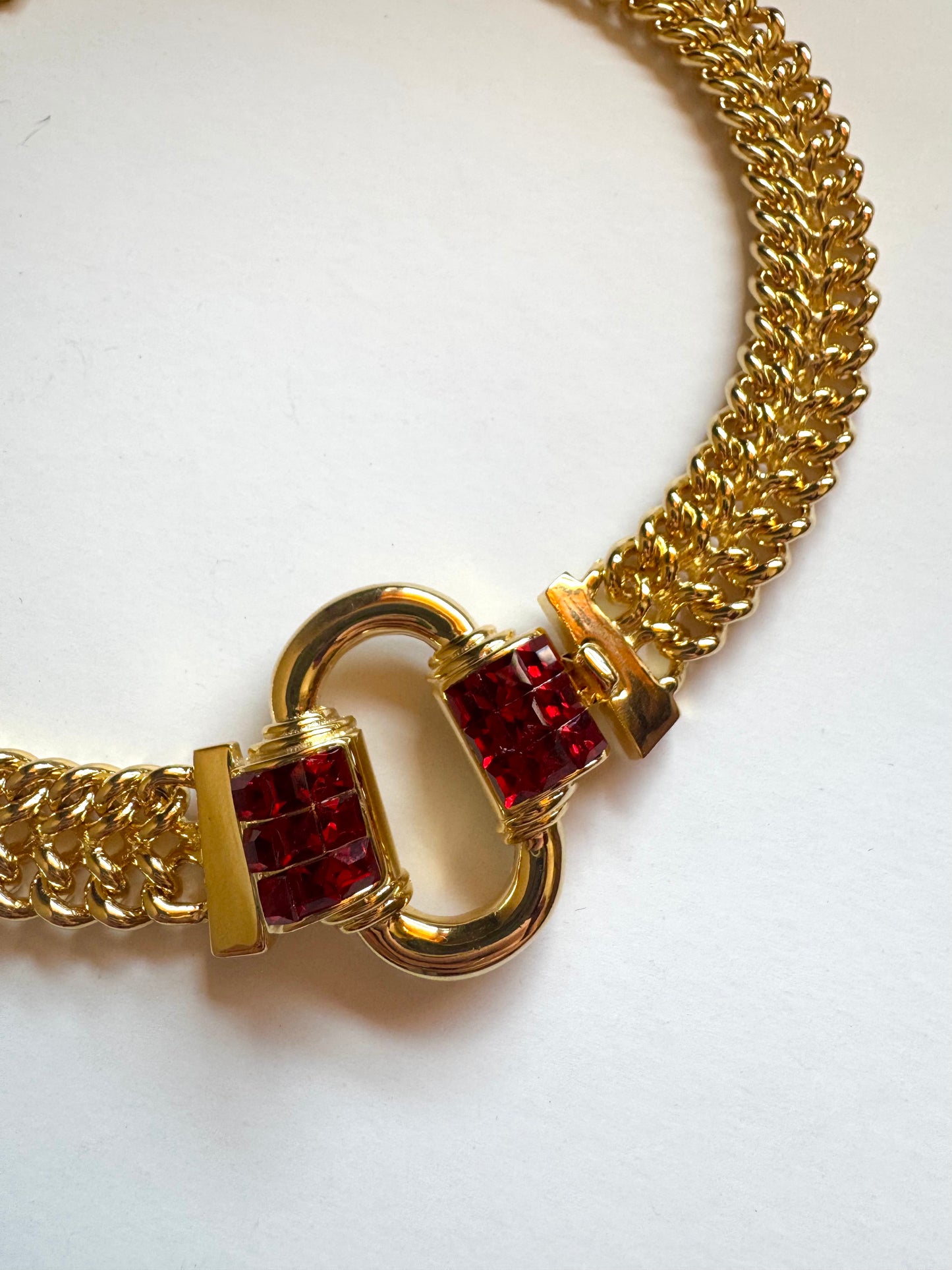 Vintage Les Bernard Gold Tone Red Crystal Statement Necklace