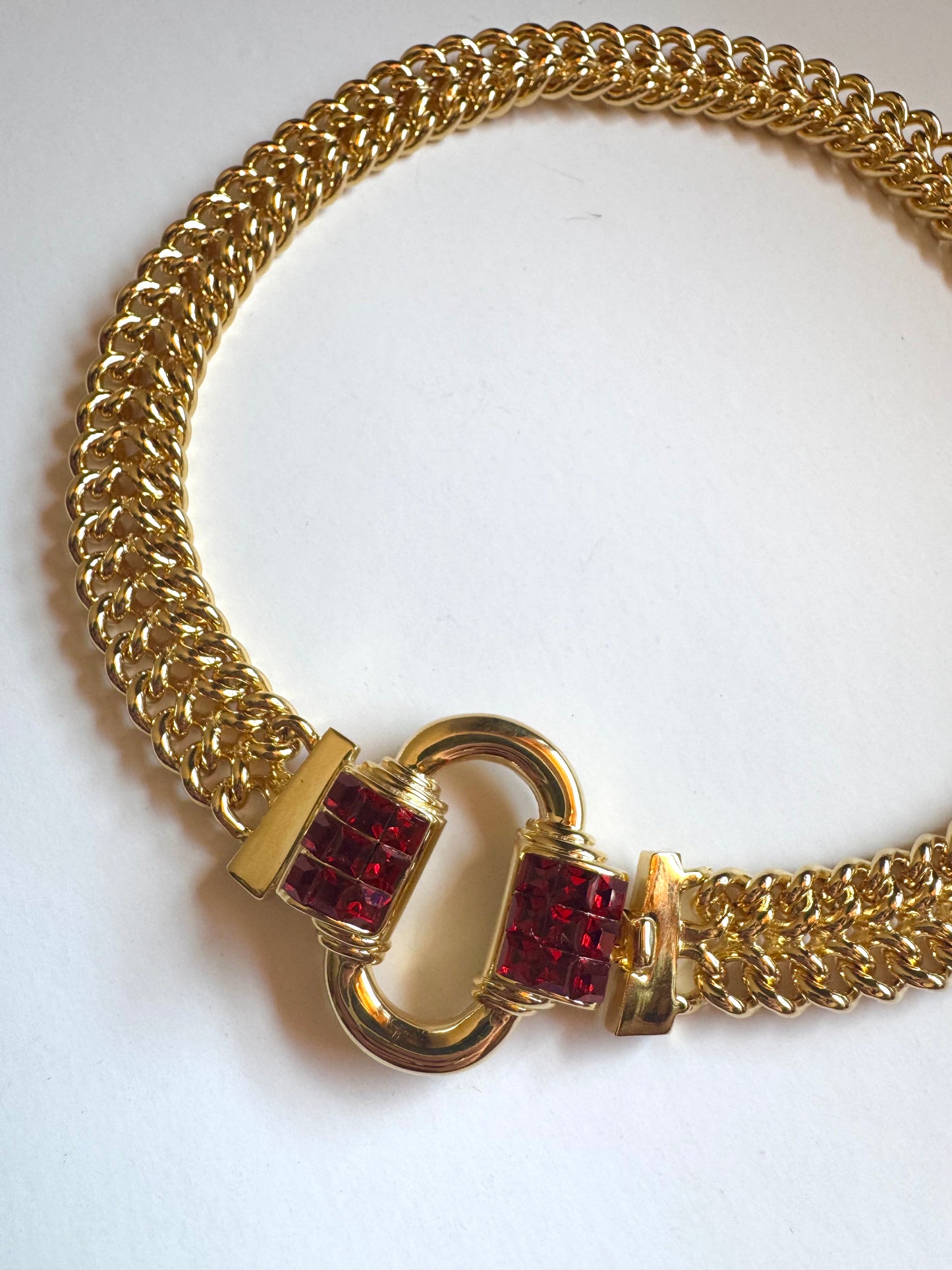 Vintage Les Bernard Gold Tone Red Crystal Statement Necklace