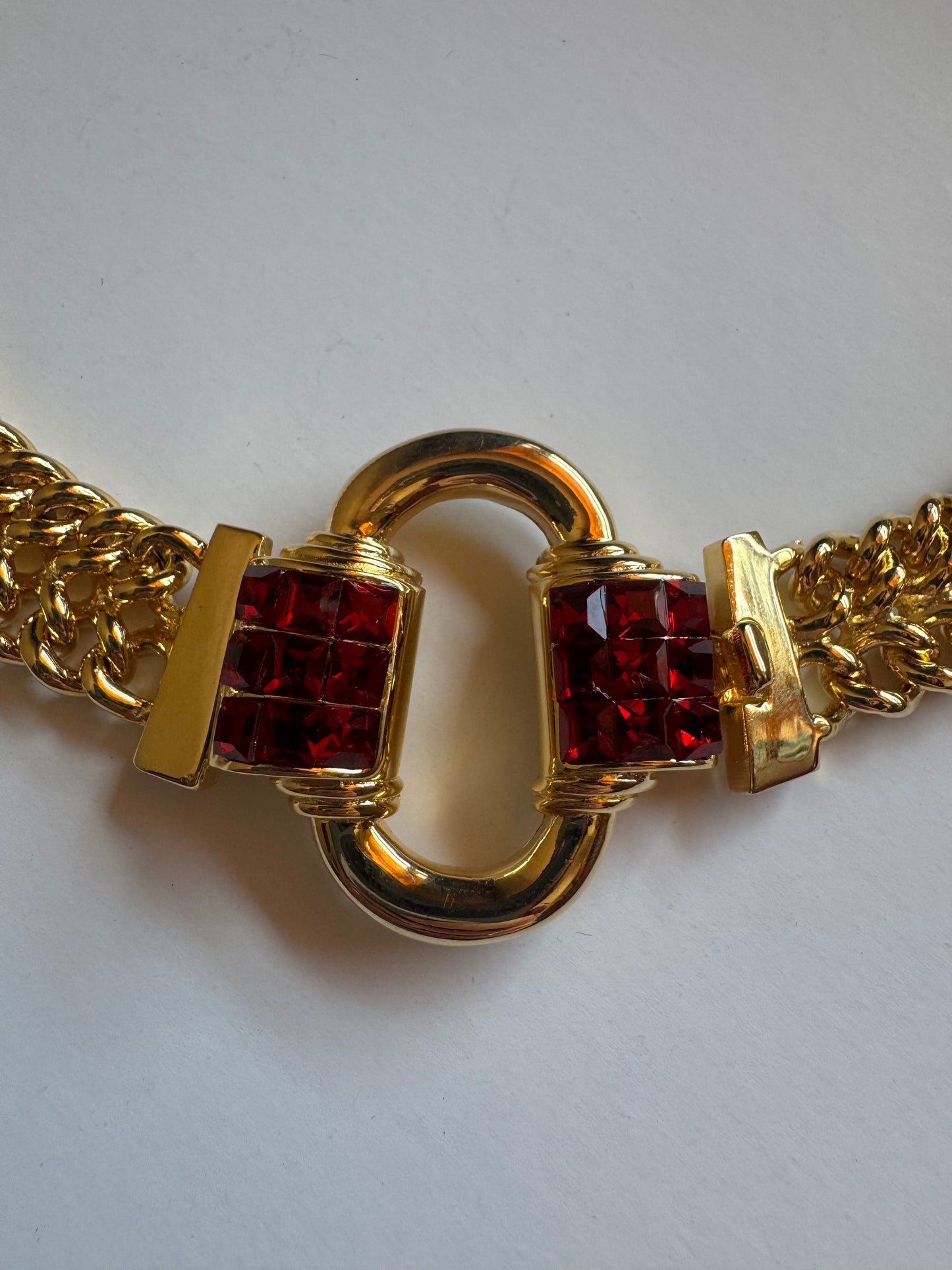 Vintage Les Bernard Gold Tone Red Crystal Statement Necklace