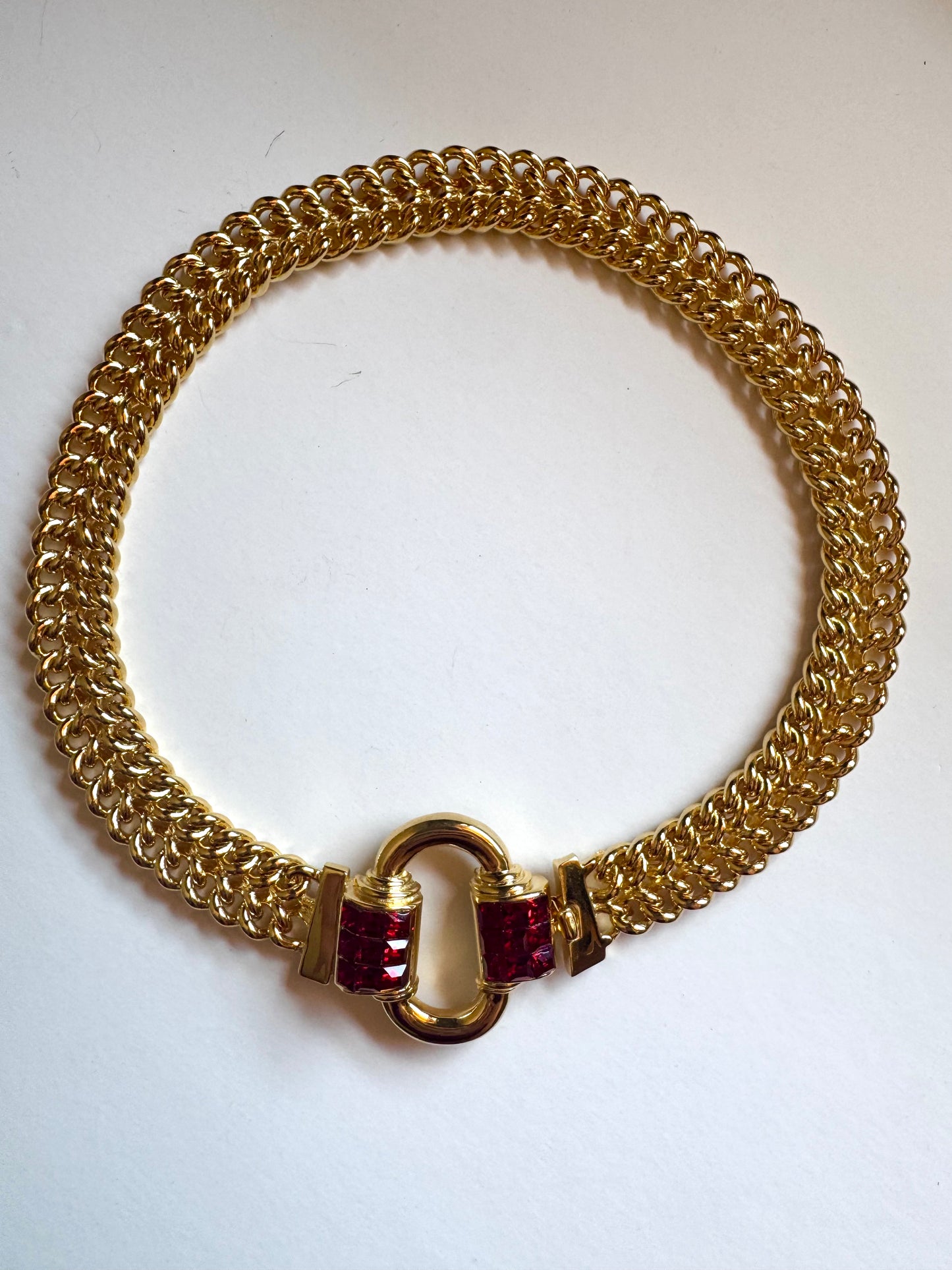 Vintage Les Bernard Gold Tone Red Crystal Statement Necklace