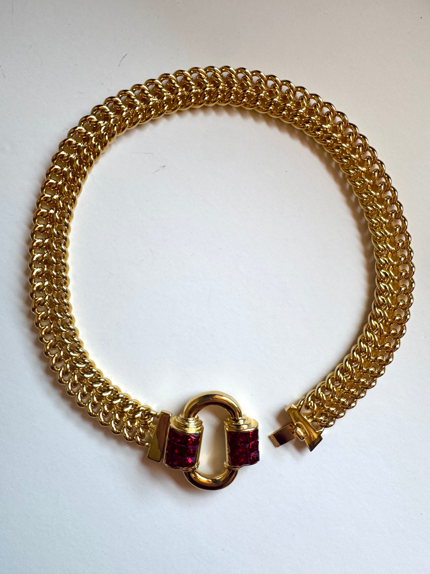 Vintage Les Bernard Gold Tone Red Crystal Statement Necklace
