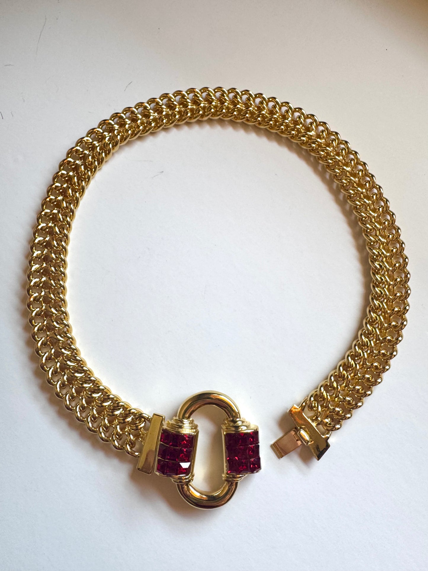Vintage Les Bernard Gold Tone Red Crystal Statement Necklace