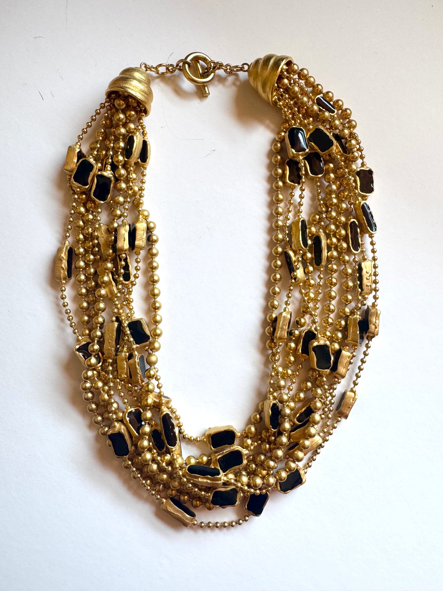 Vintage Unsigned Multi-Strand Gold Tone Black Enamel Statement Necklace