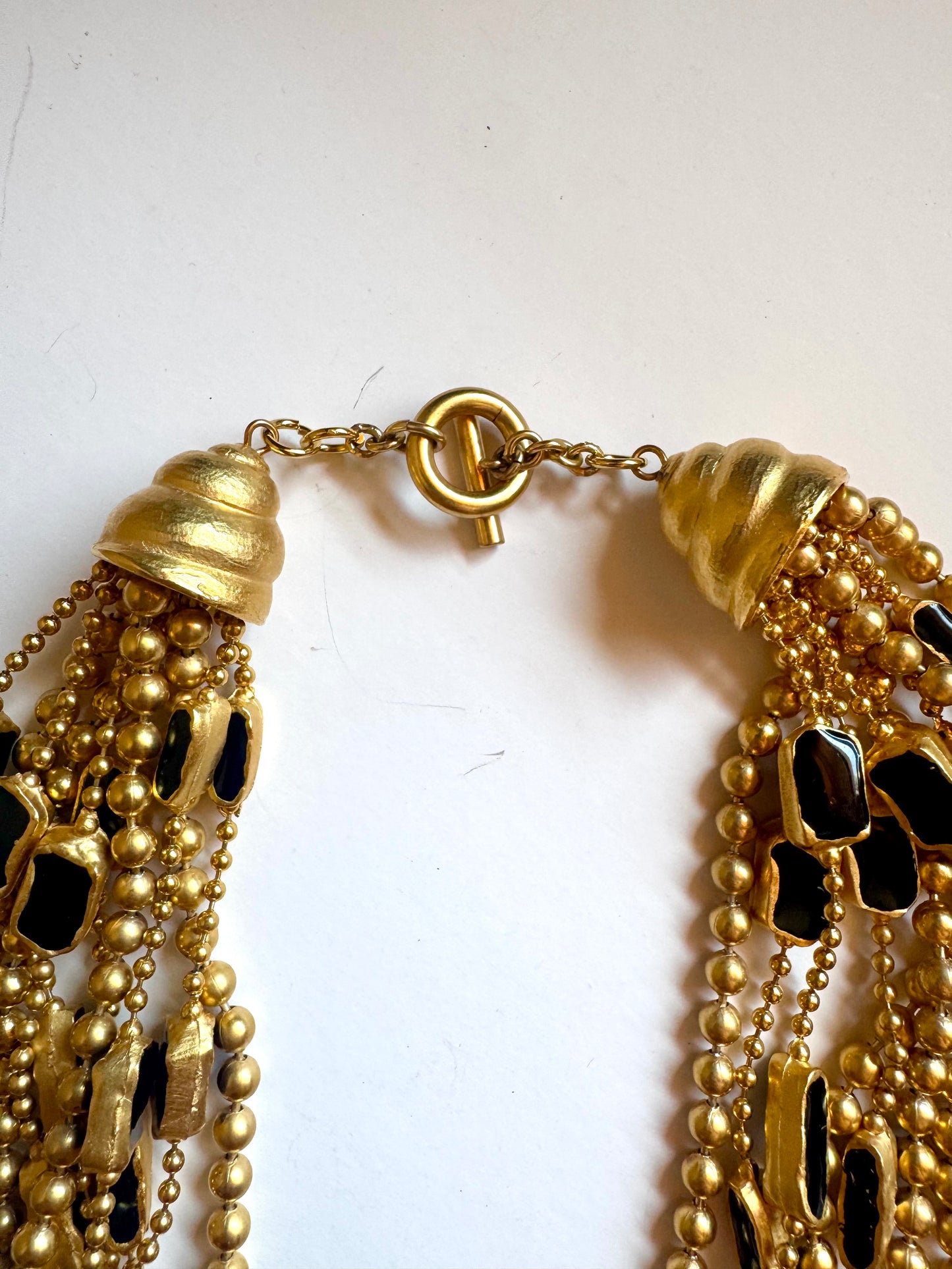 Vintage Unsigned Multi-Strand Gold Tone Black Enamel Statement Necklace