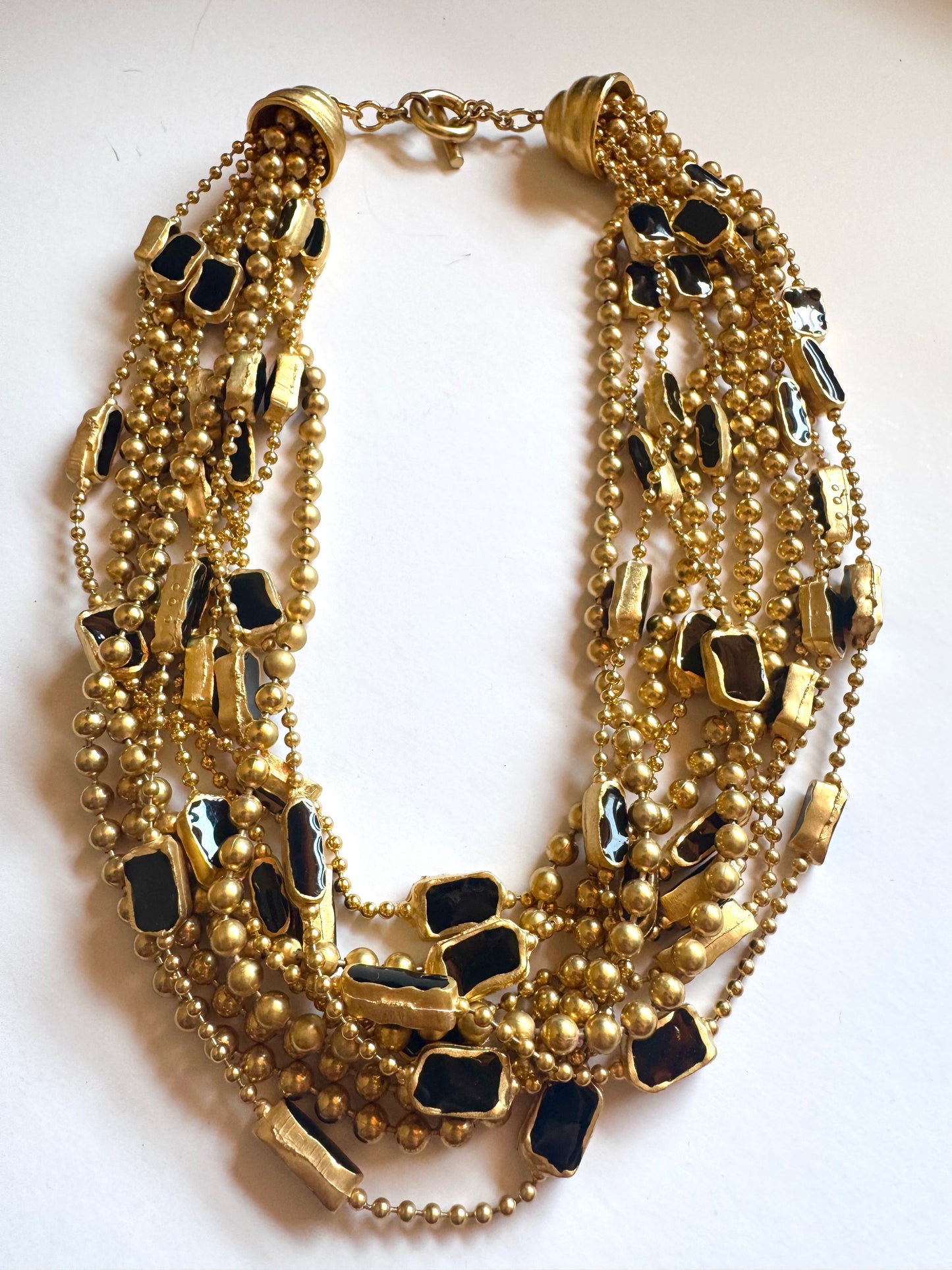 Vintage Unsigned Multi-Strand Gold Tone Black Enamel Statement Necklace