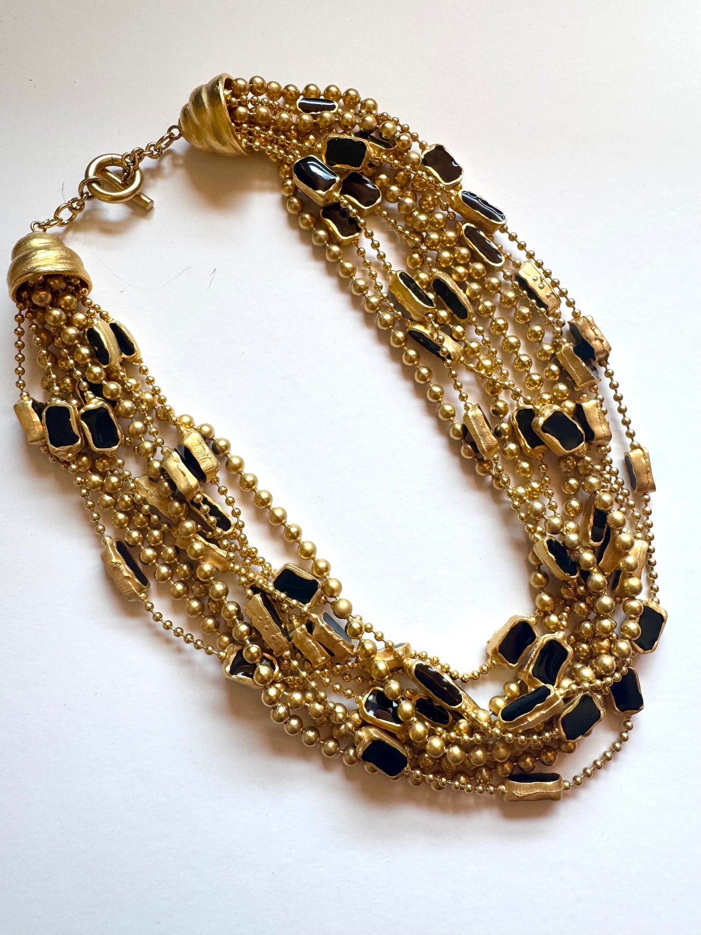 Vintage Unsigned Multi-Strand Gold Tone Black Enamel Statement Necklace