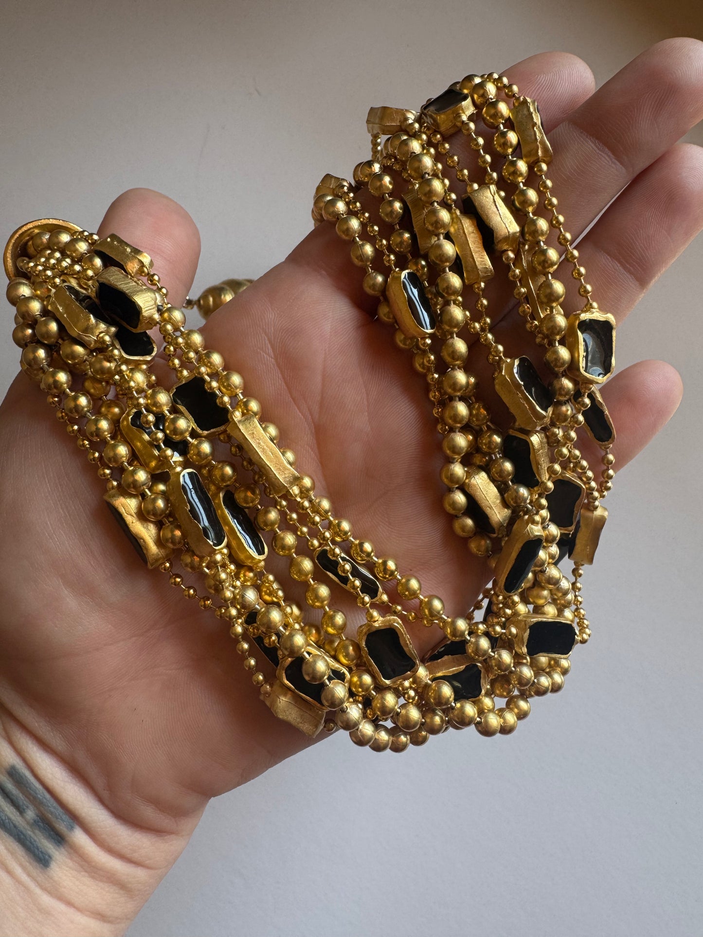 Vintage Unsigned Multi-Strand Gold Tone Black Enamel Statement Necklace