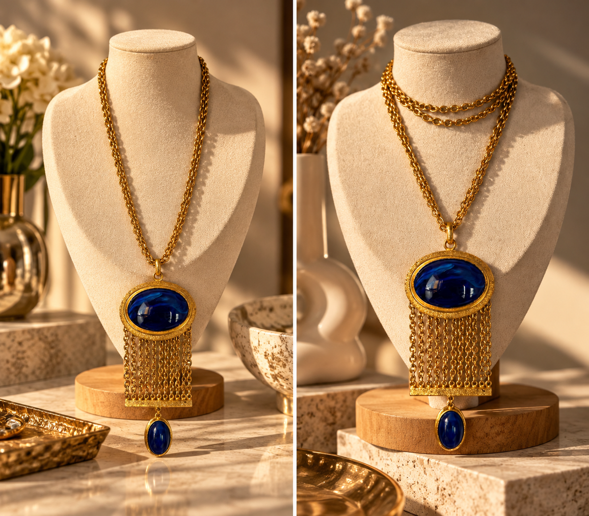 Vintage Cobalt Blue Lucite Style Cabochon Gold Tone Fringe Pendant Necklace