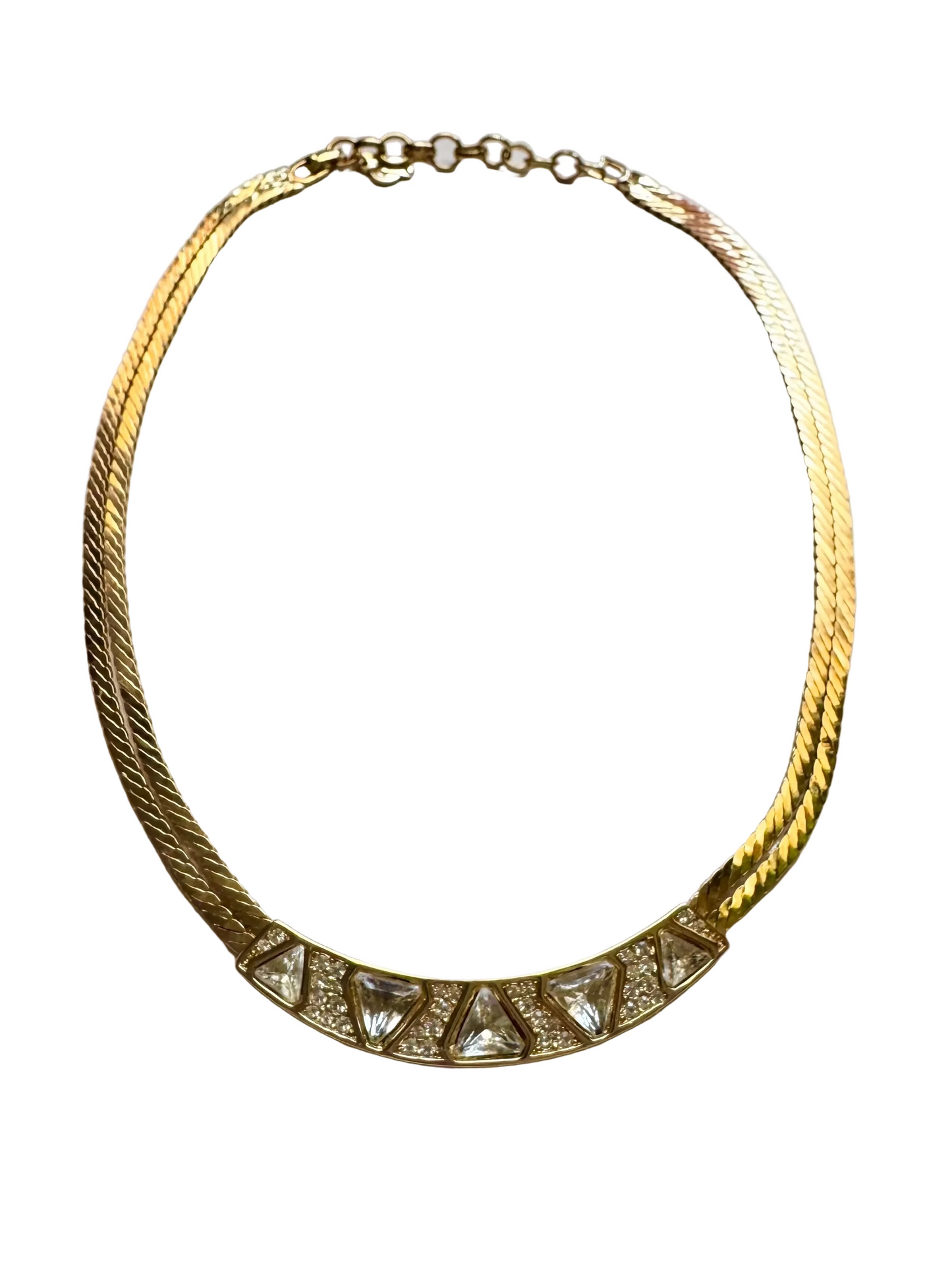 Vintage Christian Dior Rhinestone Panel Necklace Gold Tone