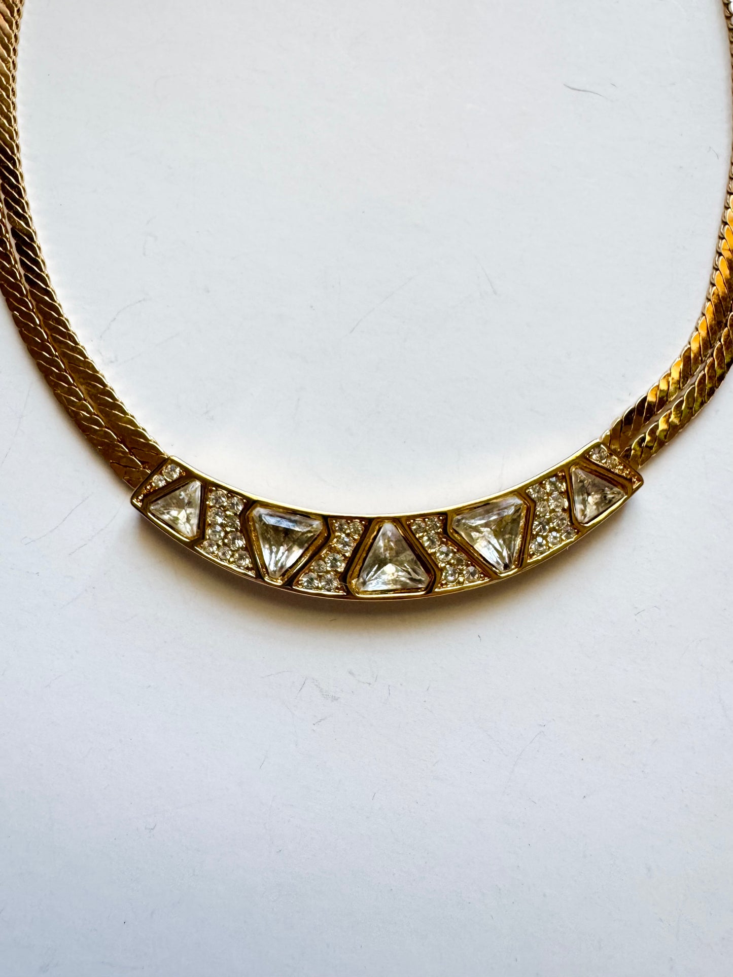 Vintage Christian Dior Rhinestone Panel Necklace Gold Tone