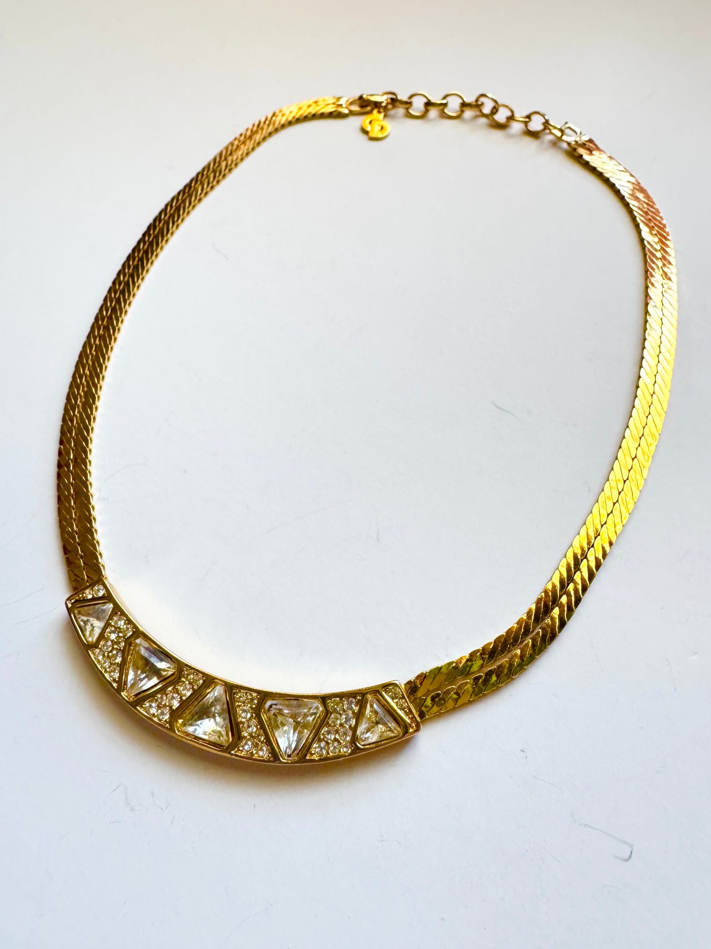 Vintage Christian Dior Rhinestone Panel Necklace Gold Tone