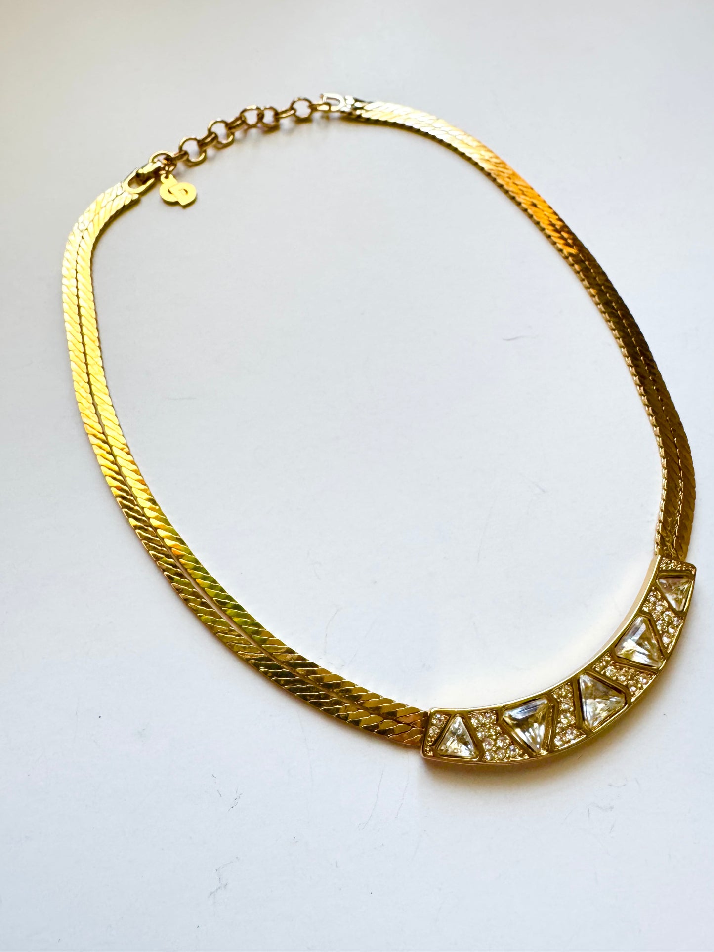 Vintage Christian Dior Rhinestone Panel Necklace Gold Tone