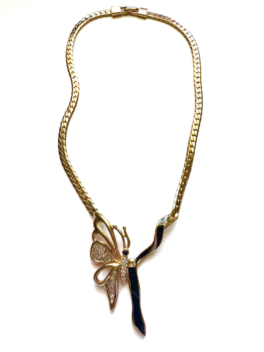 Vintage Rare Panetta Butterfly Necklace Gold Tone Rhinestone