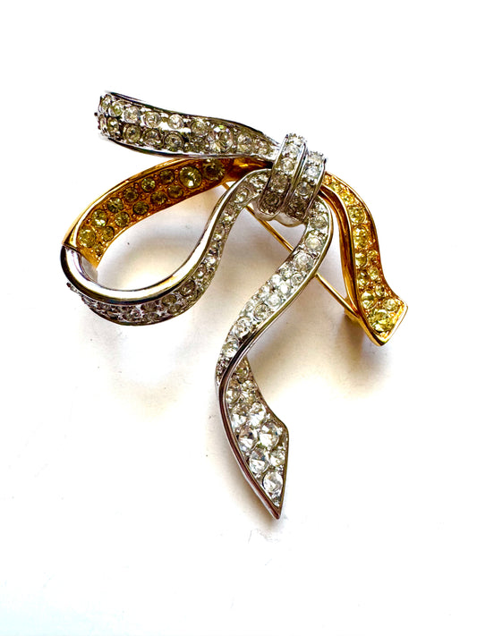 Vintage Nolan Miller Rhinestone Bow Brooch Gold Silver Tone Statement Ribbon Brooch