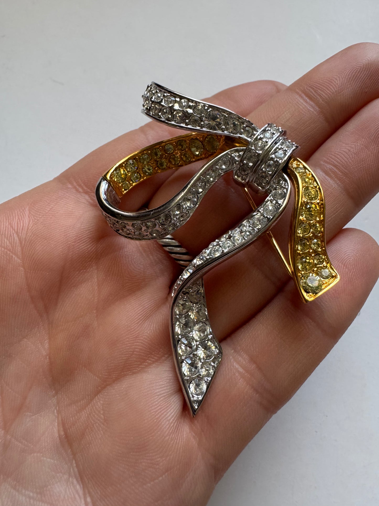 Vintage Nolan Miller Rhinestone Bow Brooch Gold Silver Tone Statement Ribbon Brooch