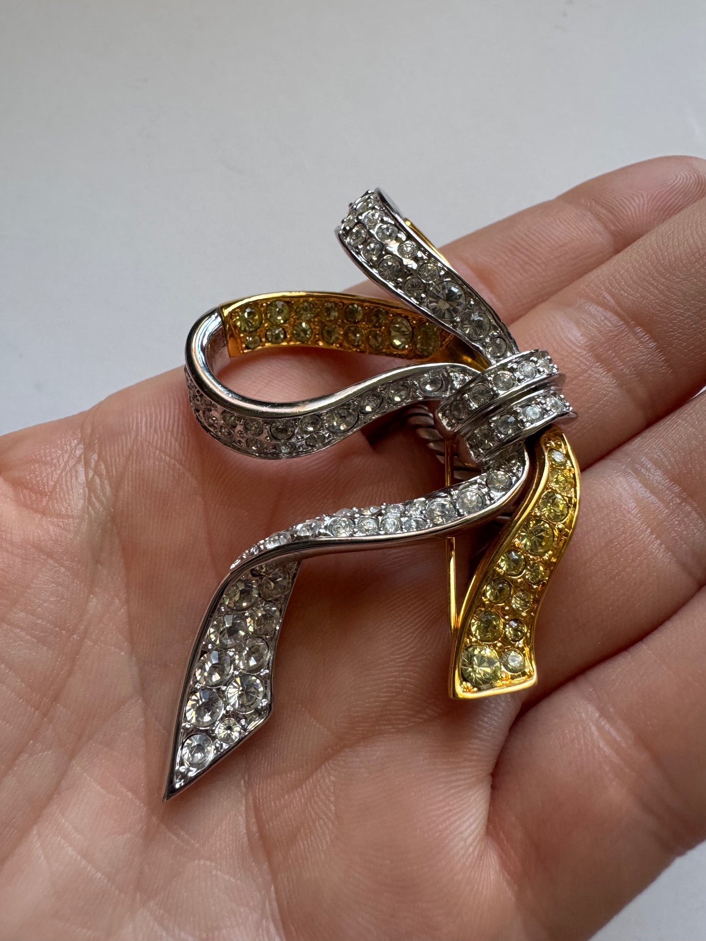 Vintage Nolan Miller Rhinestone Bow Brooch Gold Silver Tone Statement Ribbon Brooch