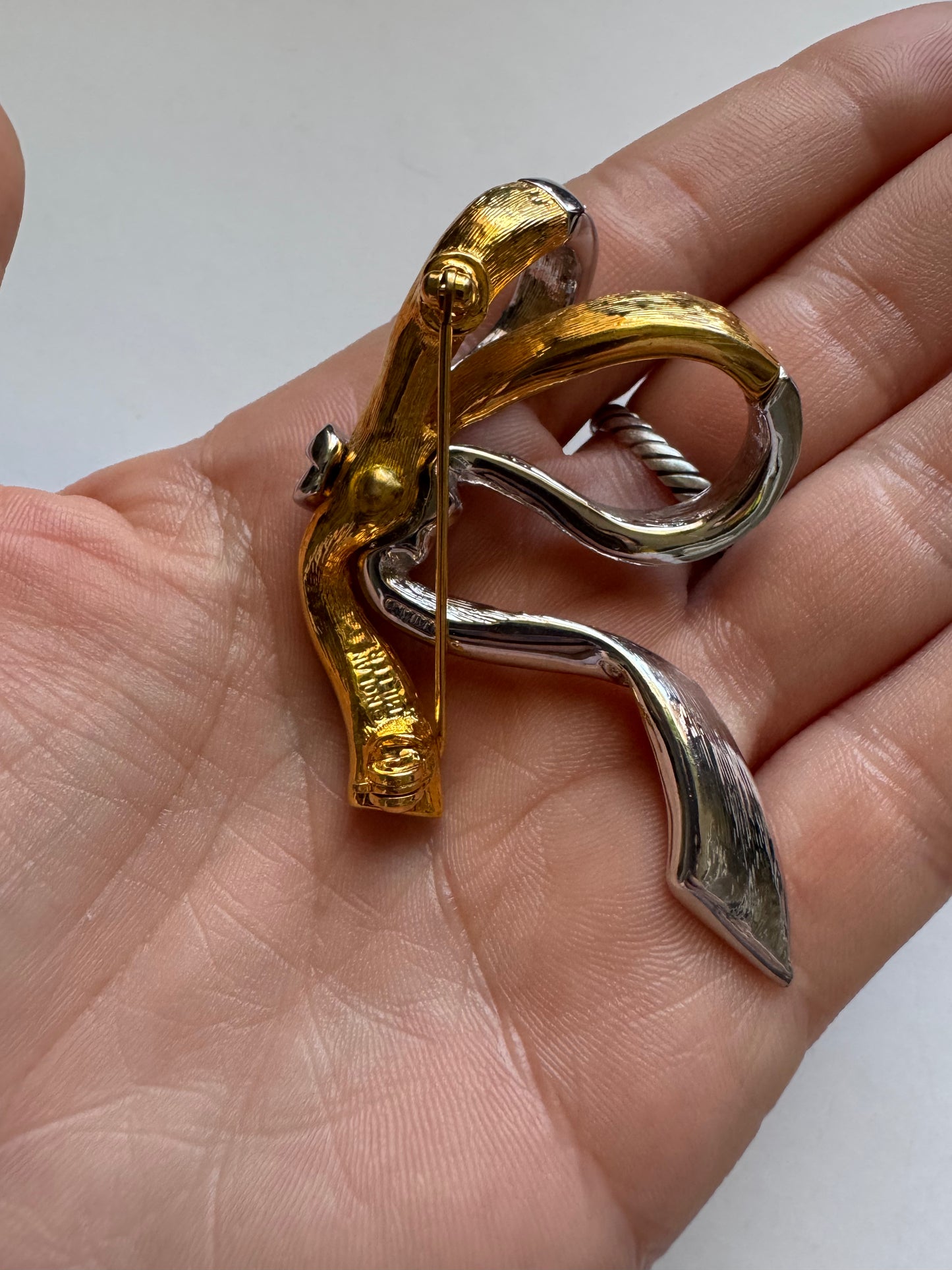 Vintage Nolan Miller Rhinestone Bow Brooch Gold Silver Tone Statement Ribbon Brooch