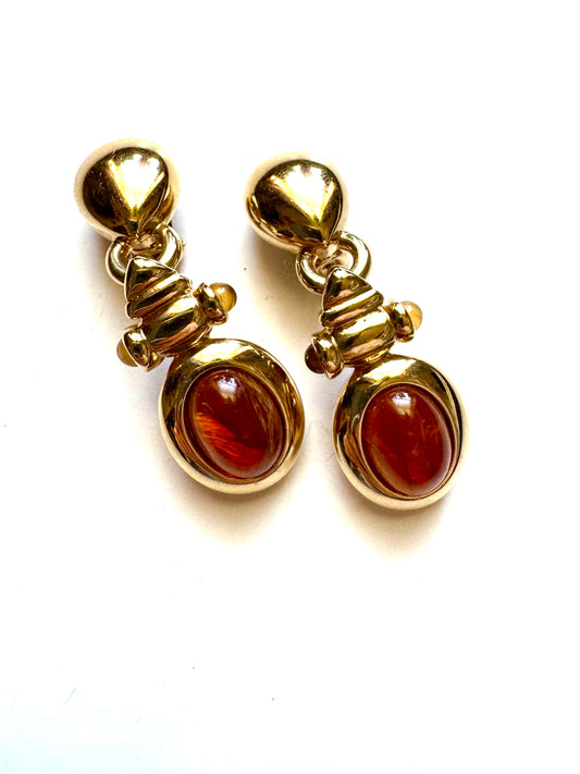 Vintage Ultima Edizione Amber Glass Drop Earrings Gold Tone Italian Clip-On
