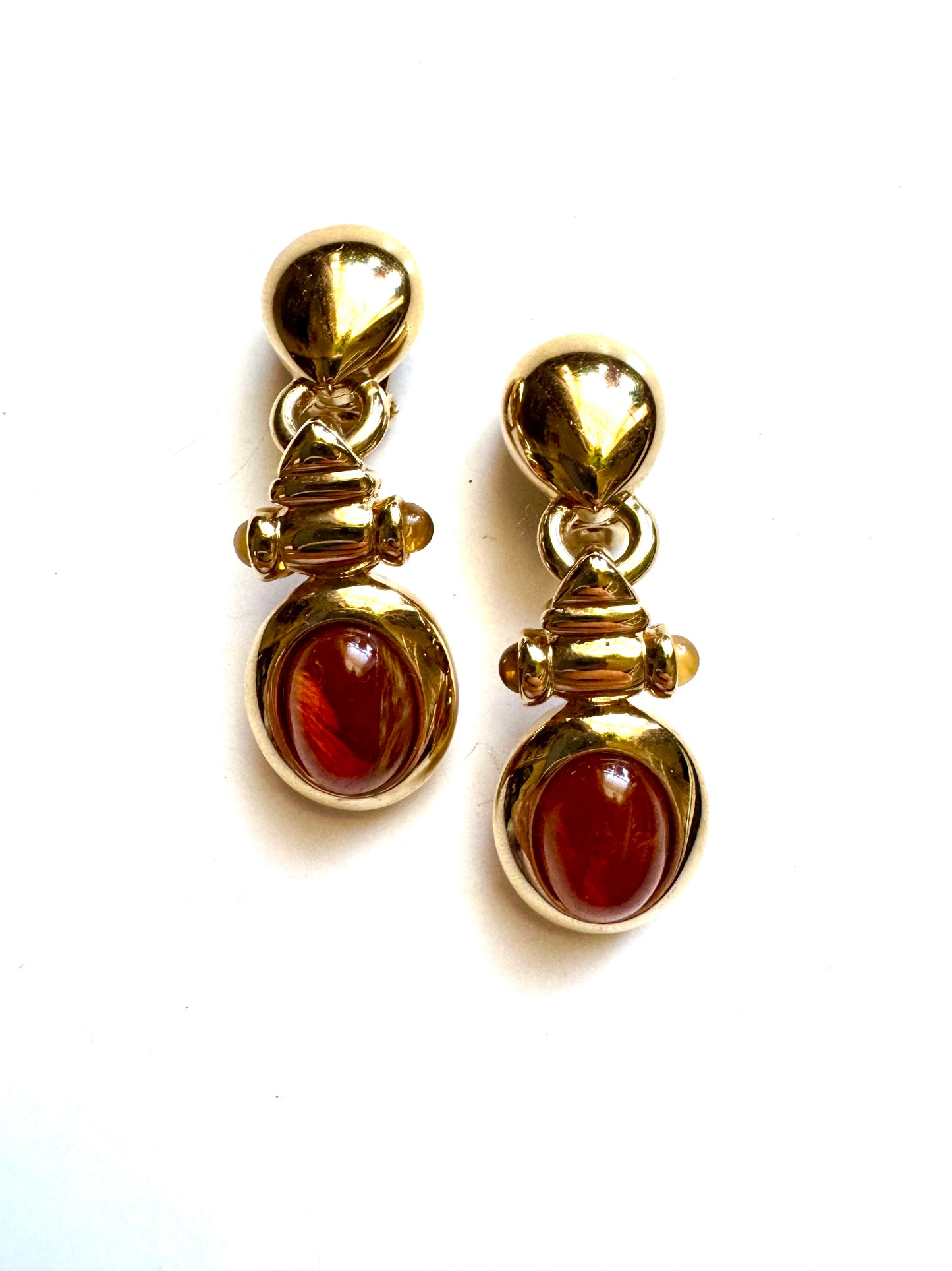 Vintage Ultima Edizione Amber Glass Drop Earrings Gold Tone Italian Clip-On