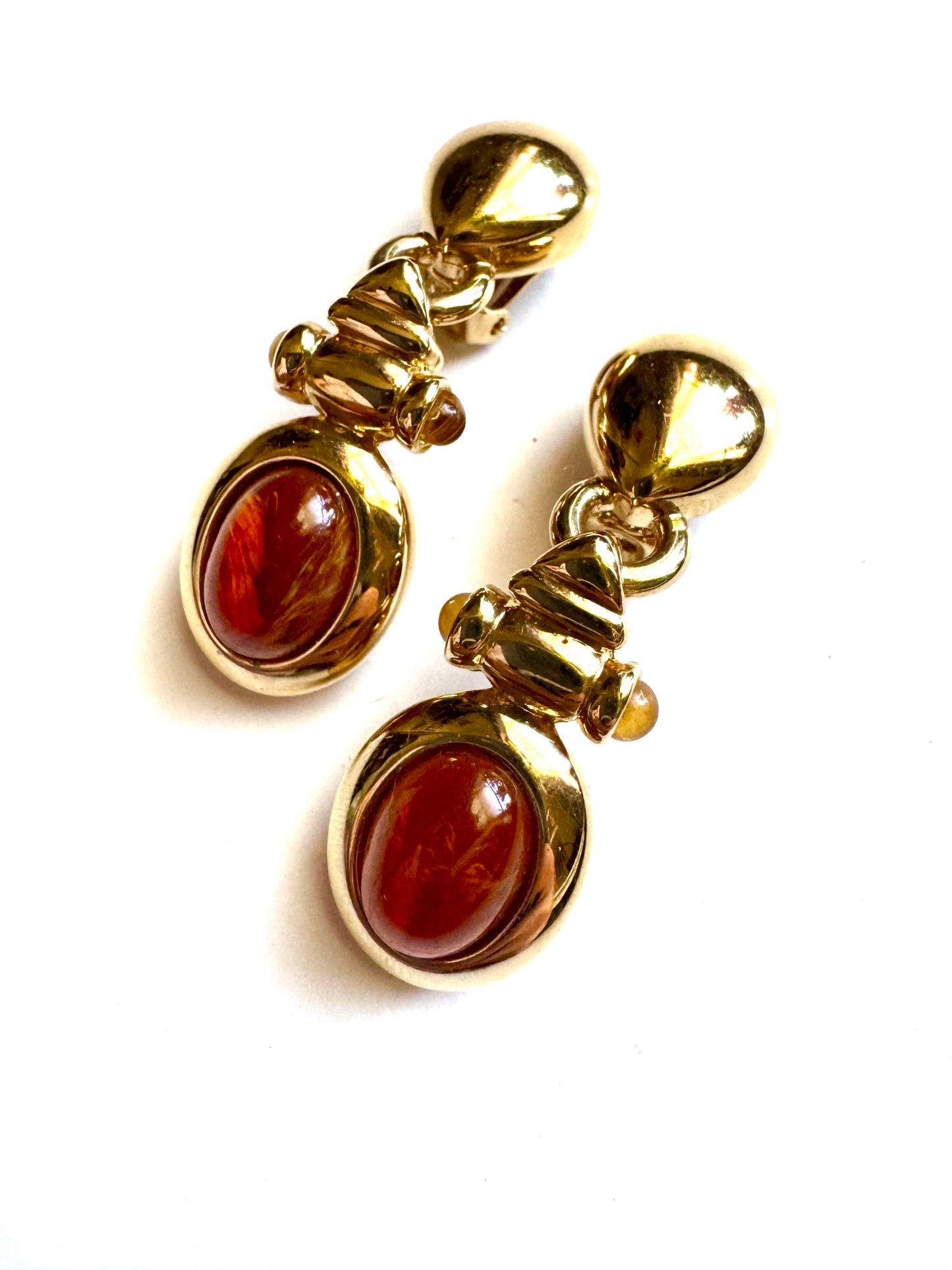 Vintage Ultima Edizione Amber Glass Drop Earrings Gold Tone Italian Clip-On
