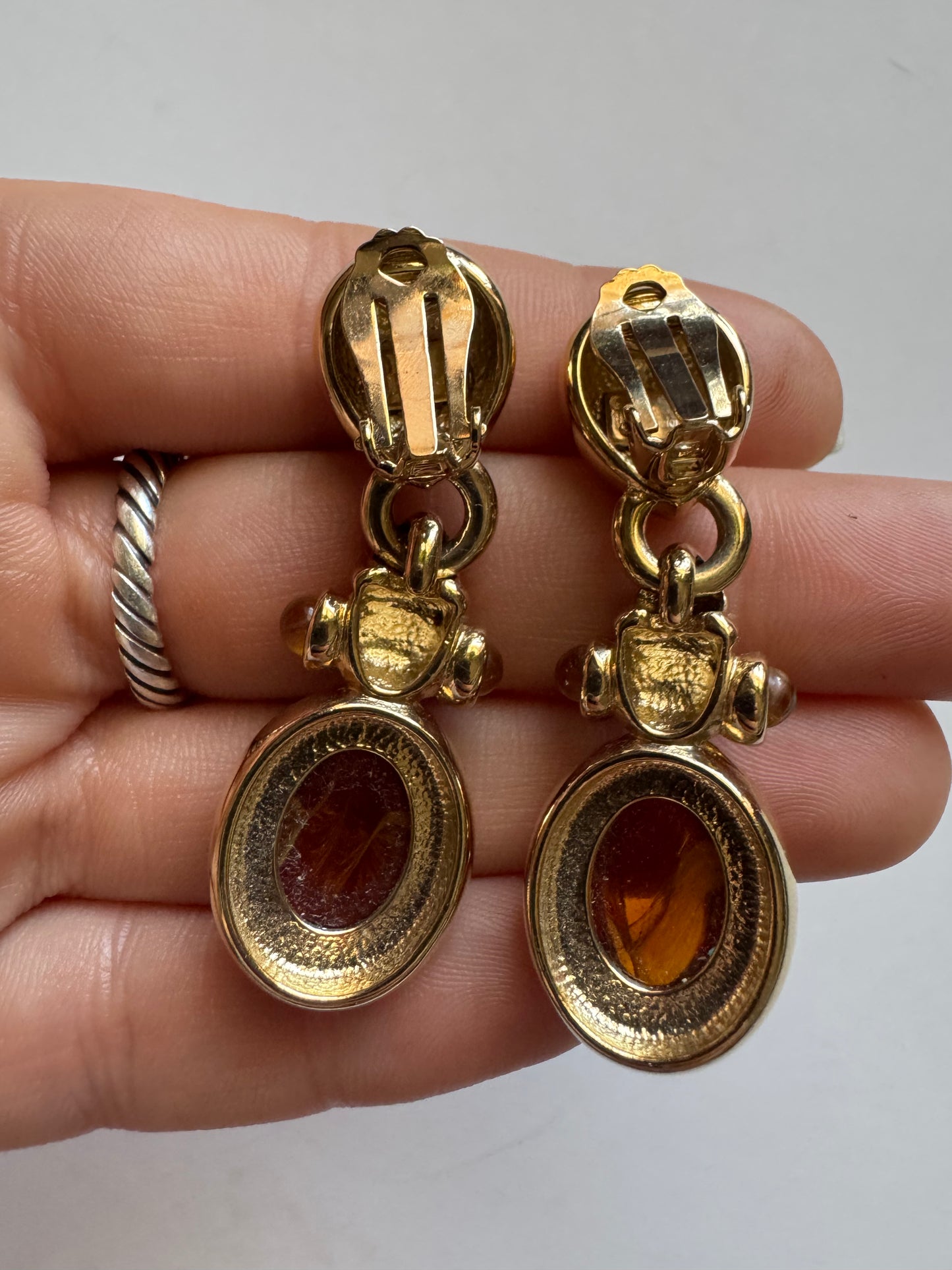 Vintage Ultima Edizione Amber Glass Drop Earrings Gold Tone Italian Clip-On