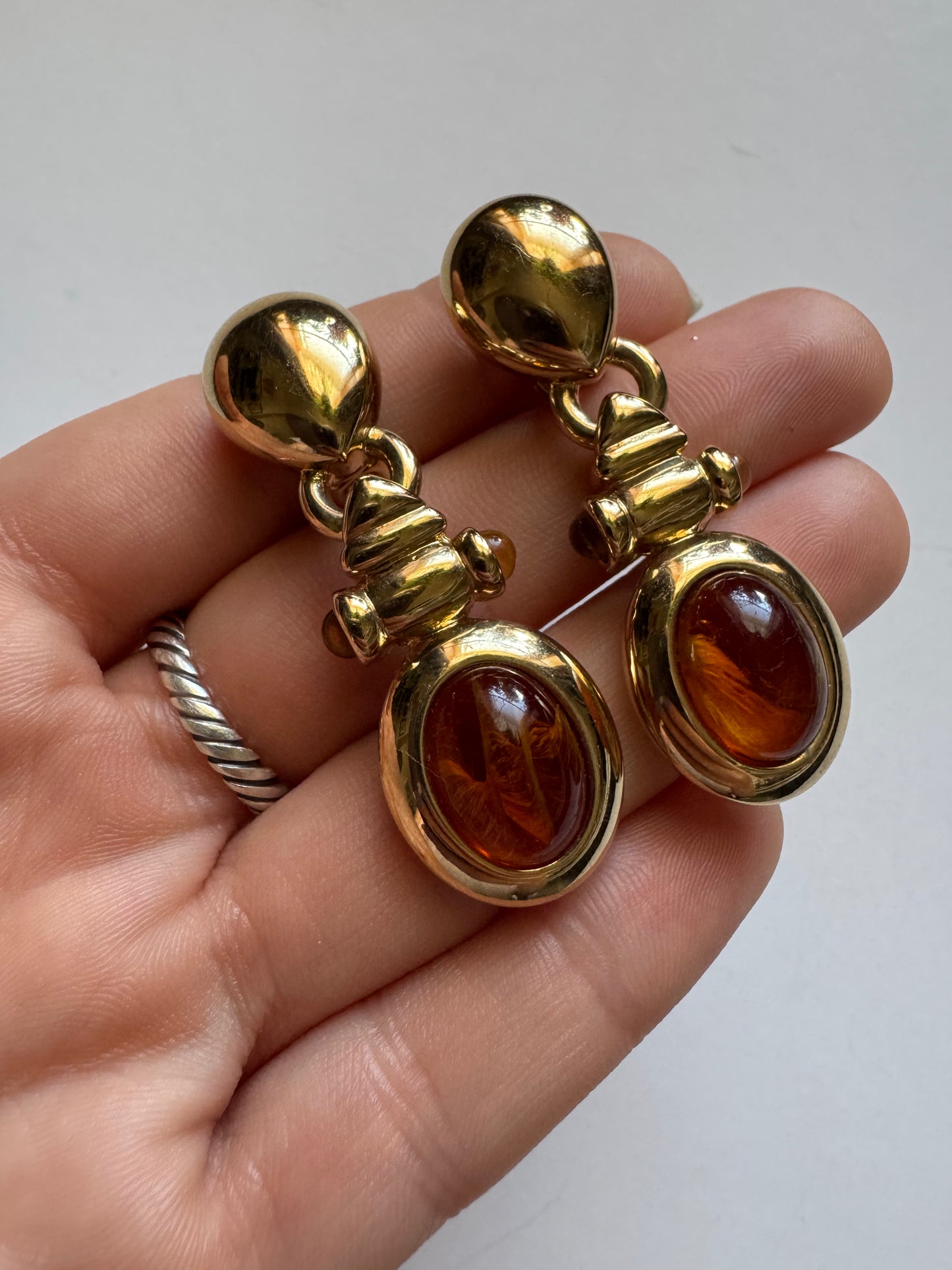 Vintage Ultima Edizione Amber Glass Drop Earrings Gold Tone Italian Clip-On