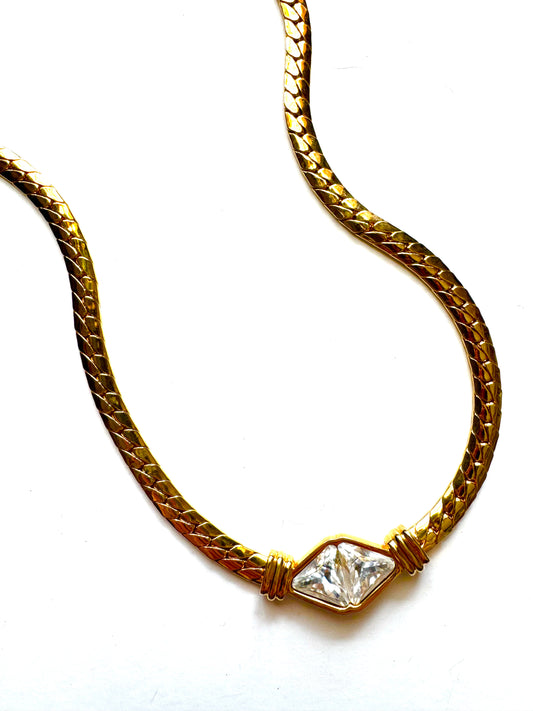 Vintage SAL Swarovski Herringbone Necklace with Crystal Centerpiece