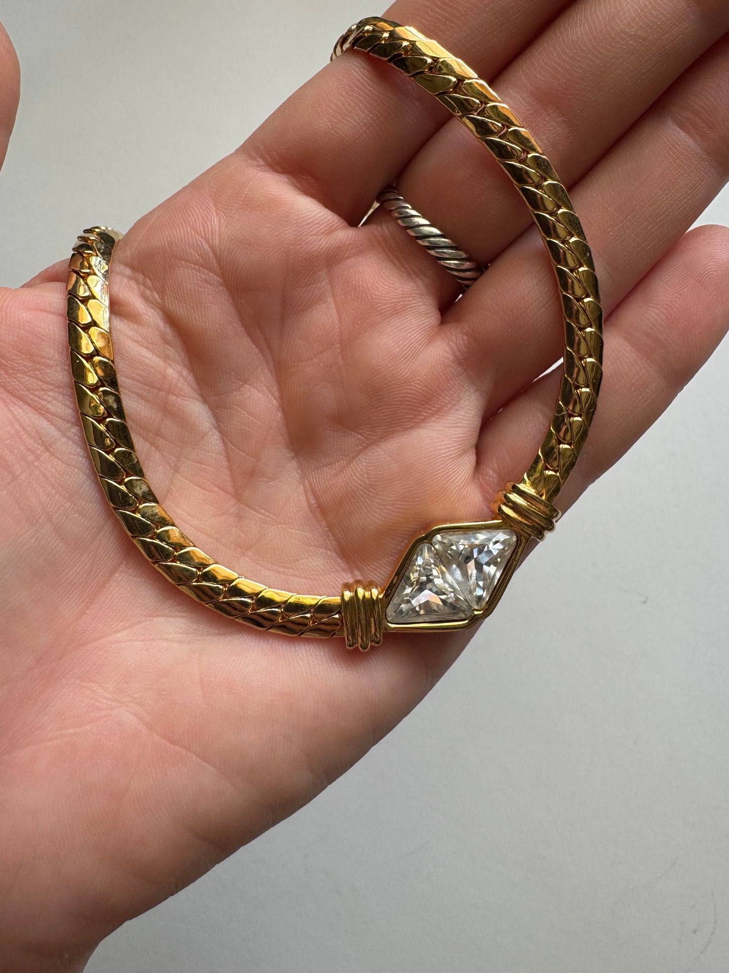 Vintage SAL Swarovski Herringbone Necklace with Crystal Centerpiece