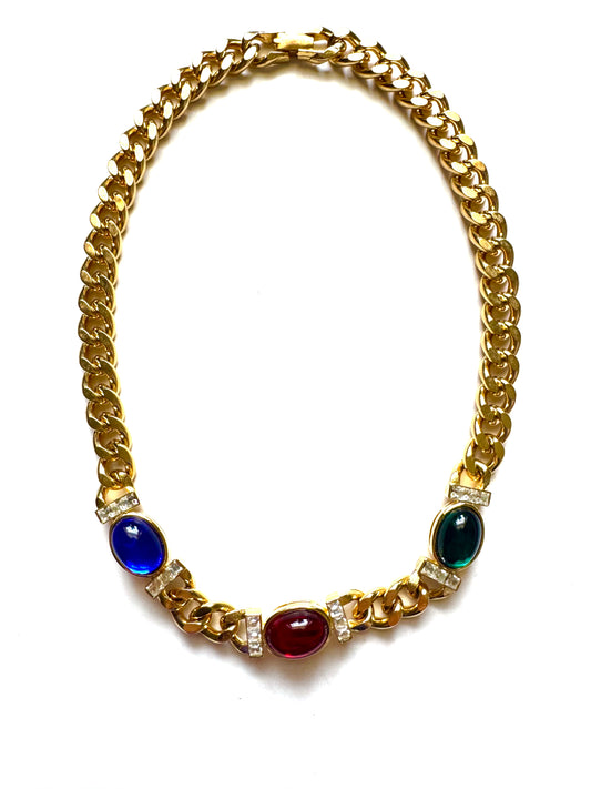 Vintage Gold Tone Lucite Cabochon Statement Choker Necklace