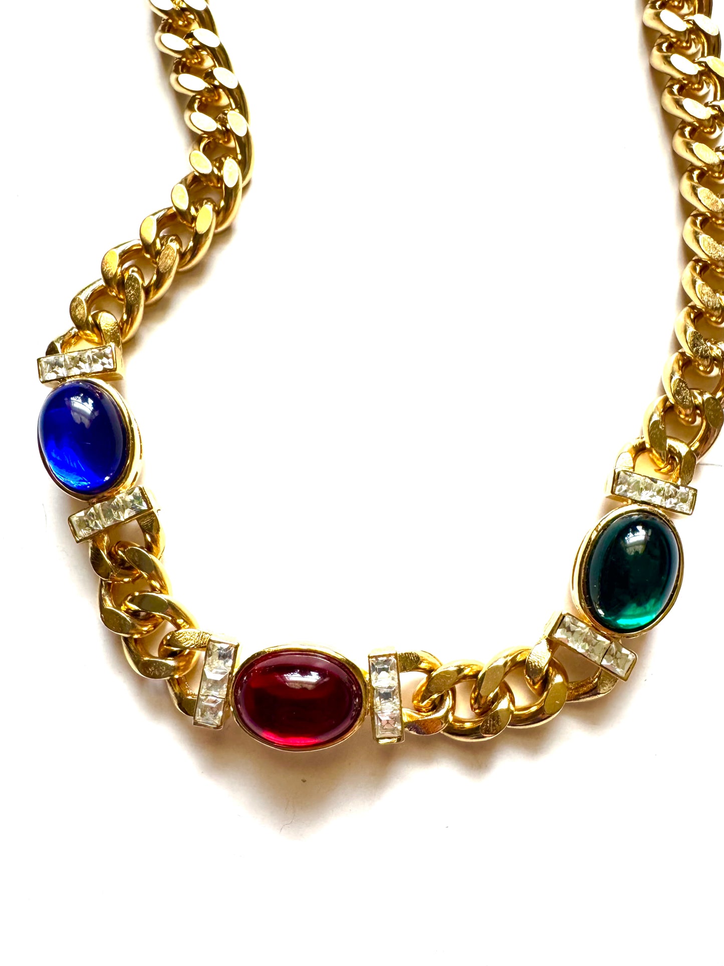 Vintage Gold Tone Lucite Cabochon Statement Choker Necklace
