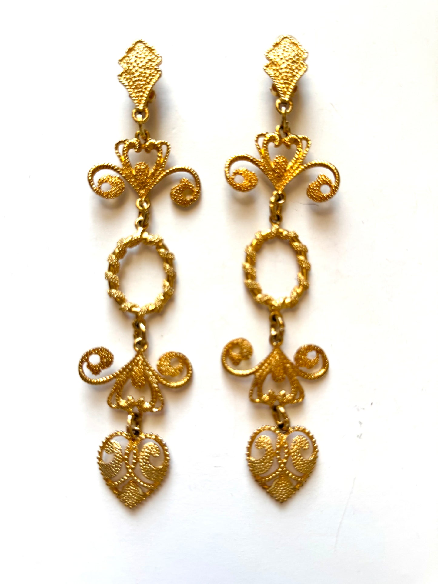 Vintage Gold Tone Filigree Heart Statement Clip-On Earrings