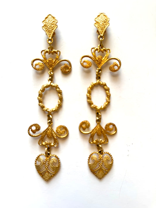 Vintage Gold Tone Filigree Heart Statement Clip-On Earrings