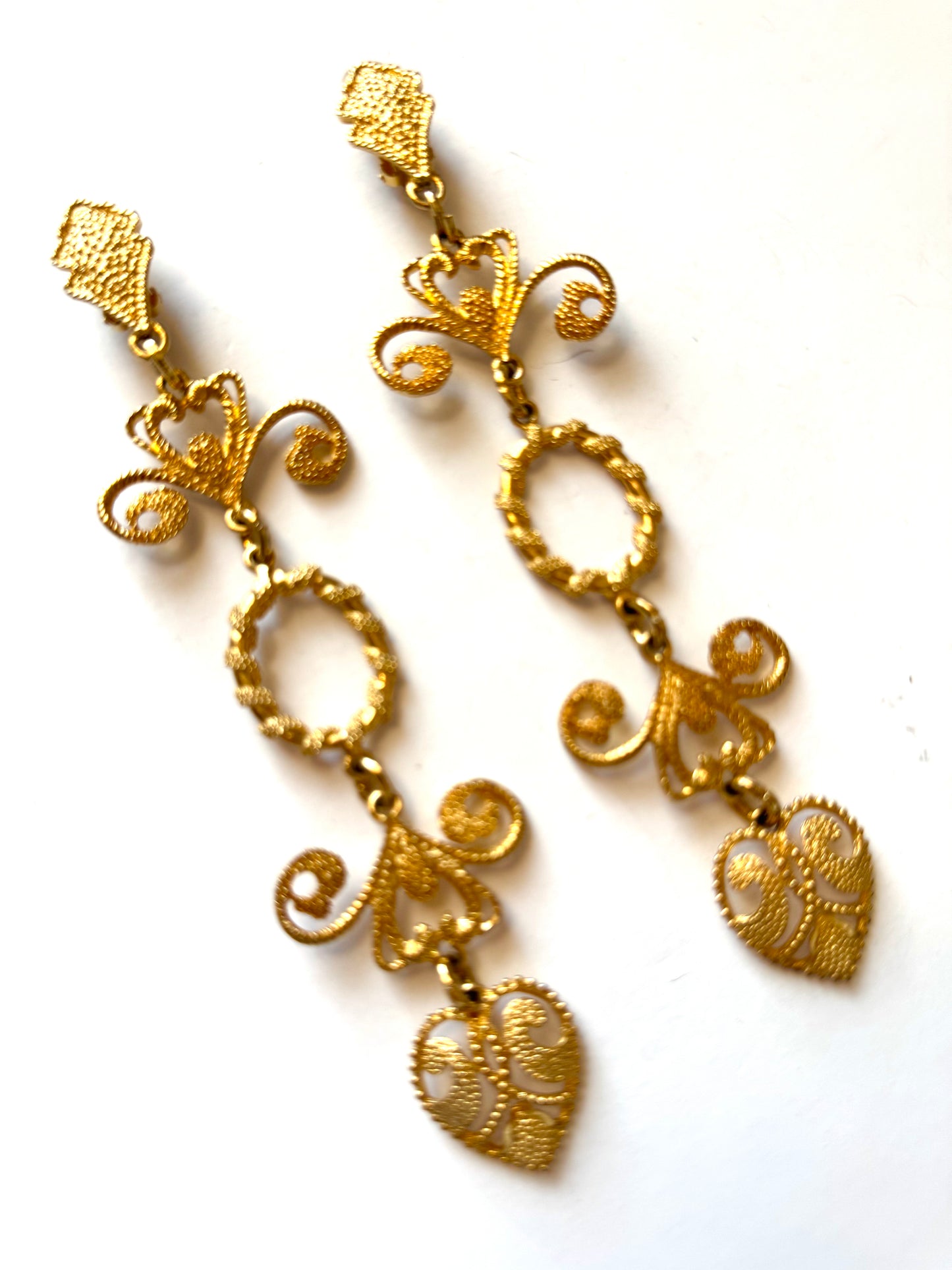Vintage Gold Tone Filigree Heart Statement Clip-On Earrings
