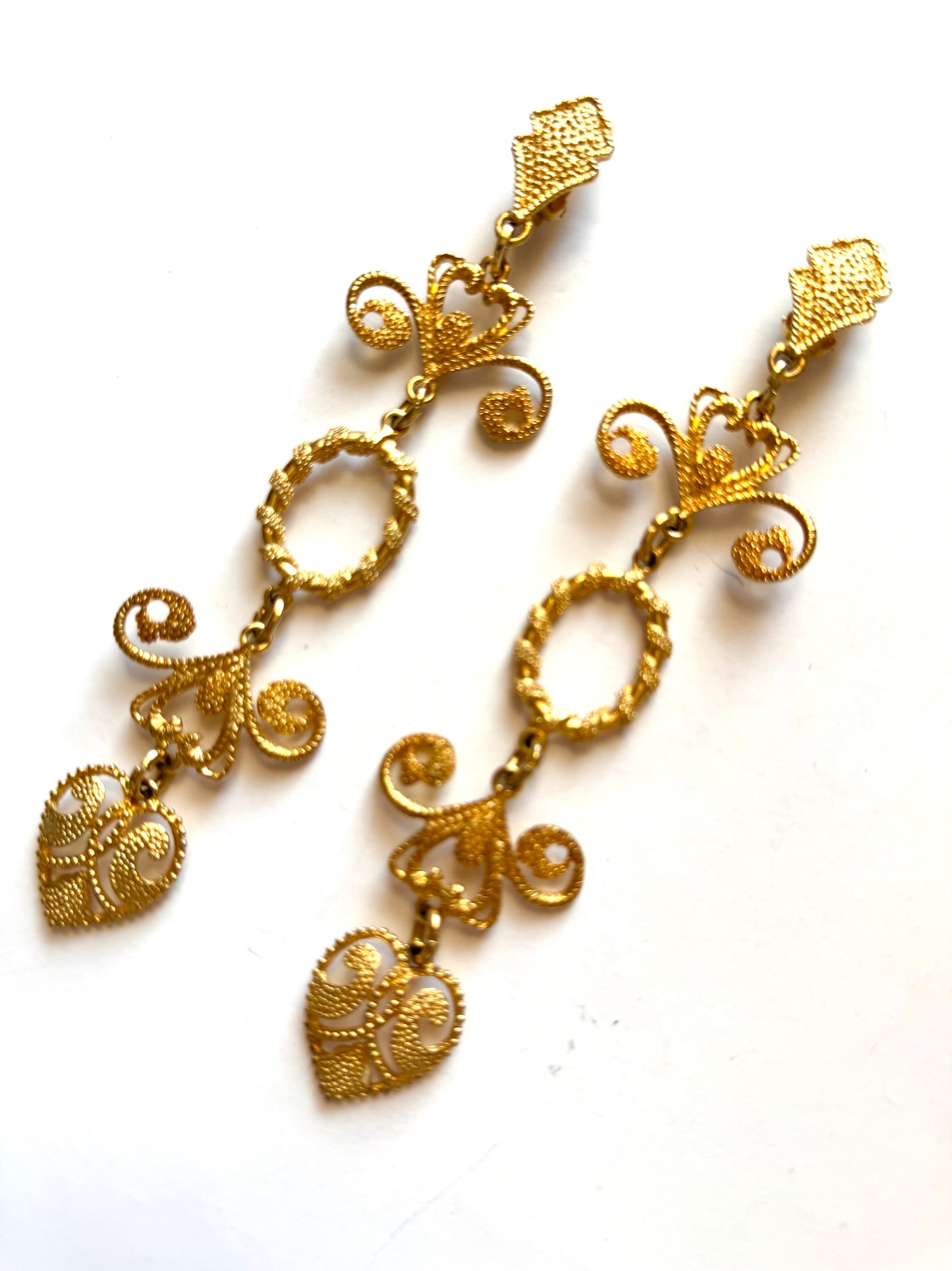 Vintage Gold Tone Filigree Heart Statement Clip-On Earrings