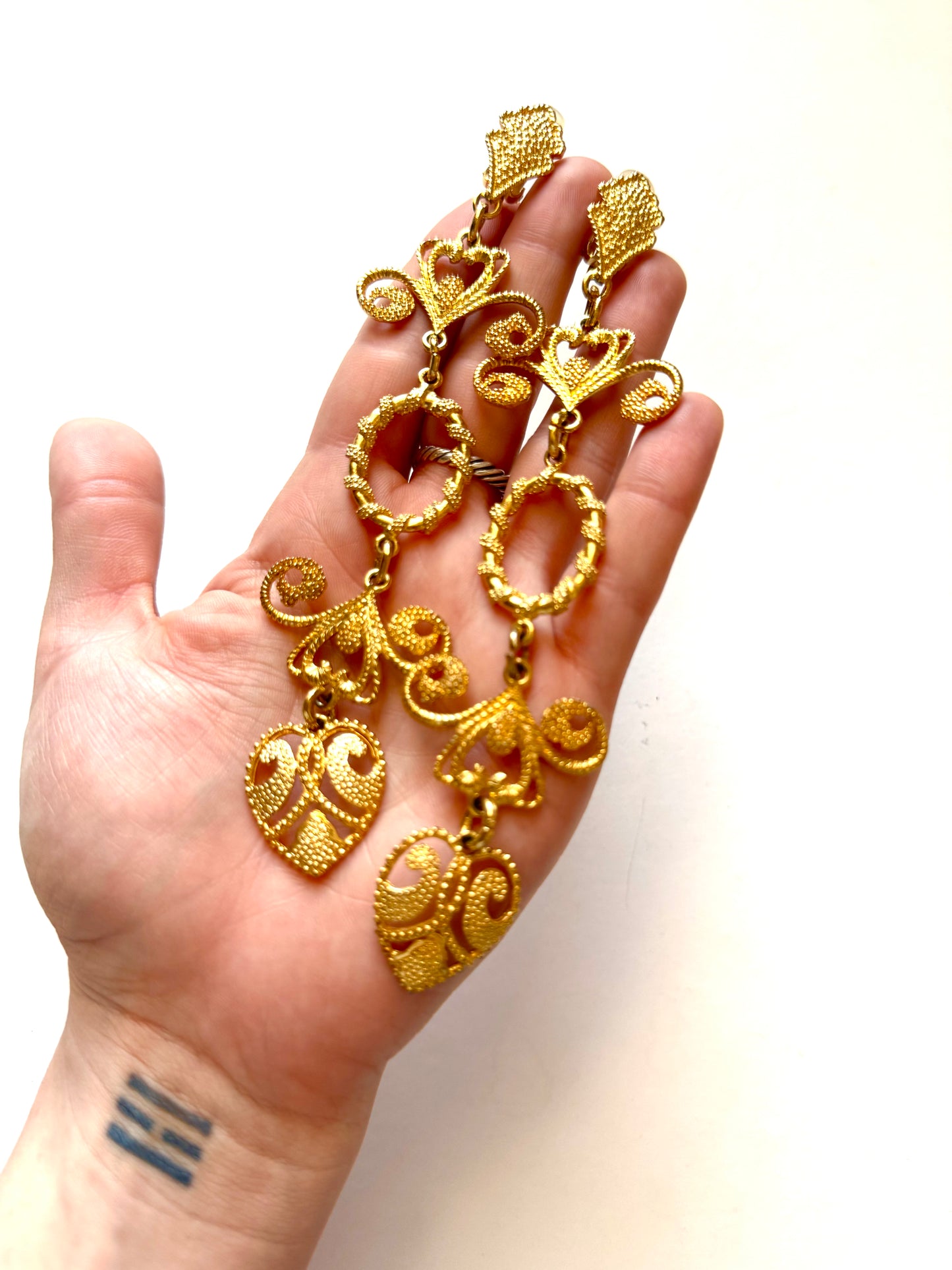 Vintage Gold Tone Filigree Heart Statement Clip-On Earrings