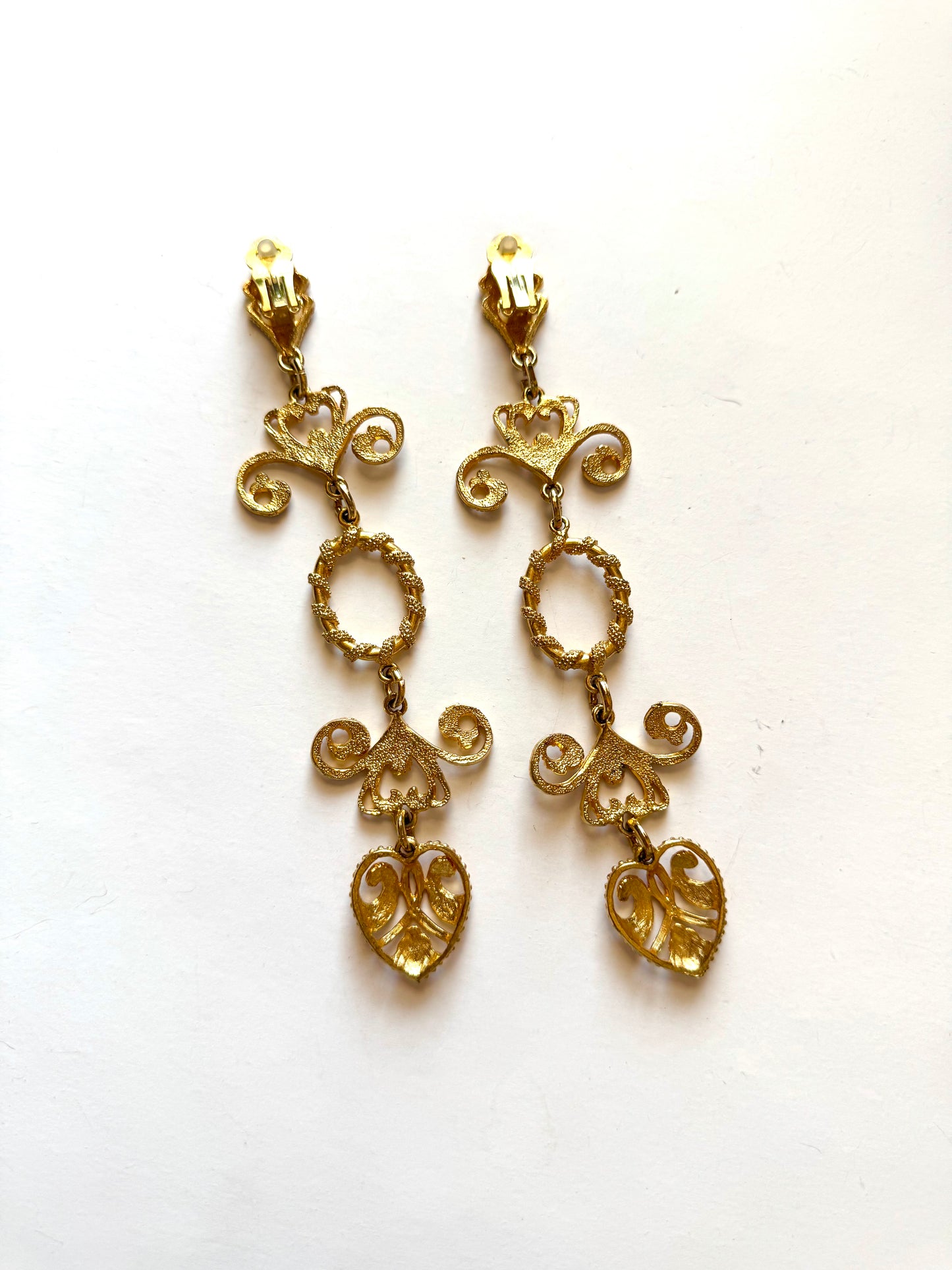 Vintage Gold Tone Filigree Heart Statement Clip-On Earrings