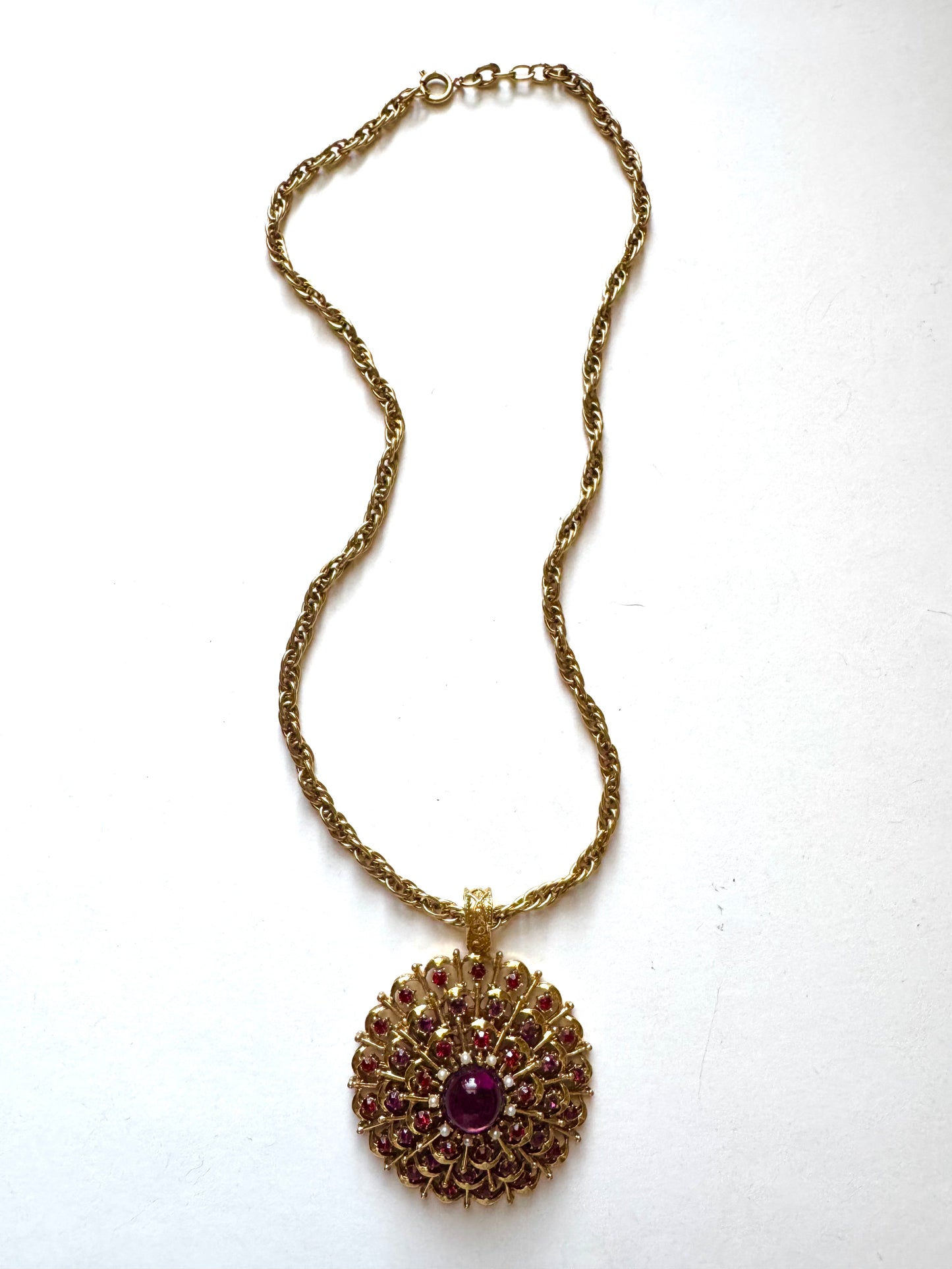 Vintage Victorian Revival Rhinestone & Faux Pearl Pendant Necklace