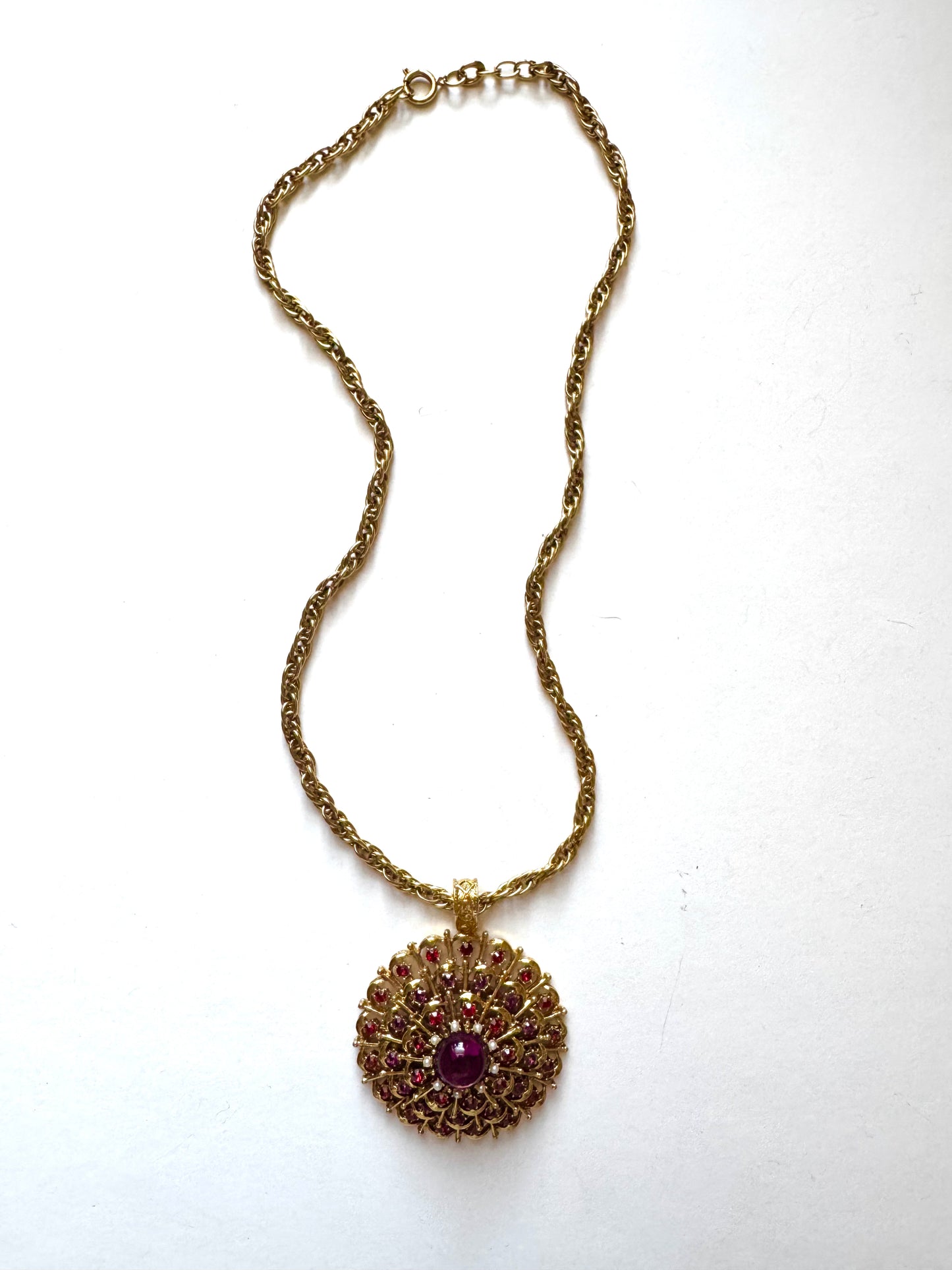 Vintage Victorian Revival Rhinestone & Faux Pearl Pendant Necklace