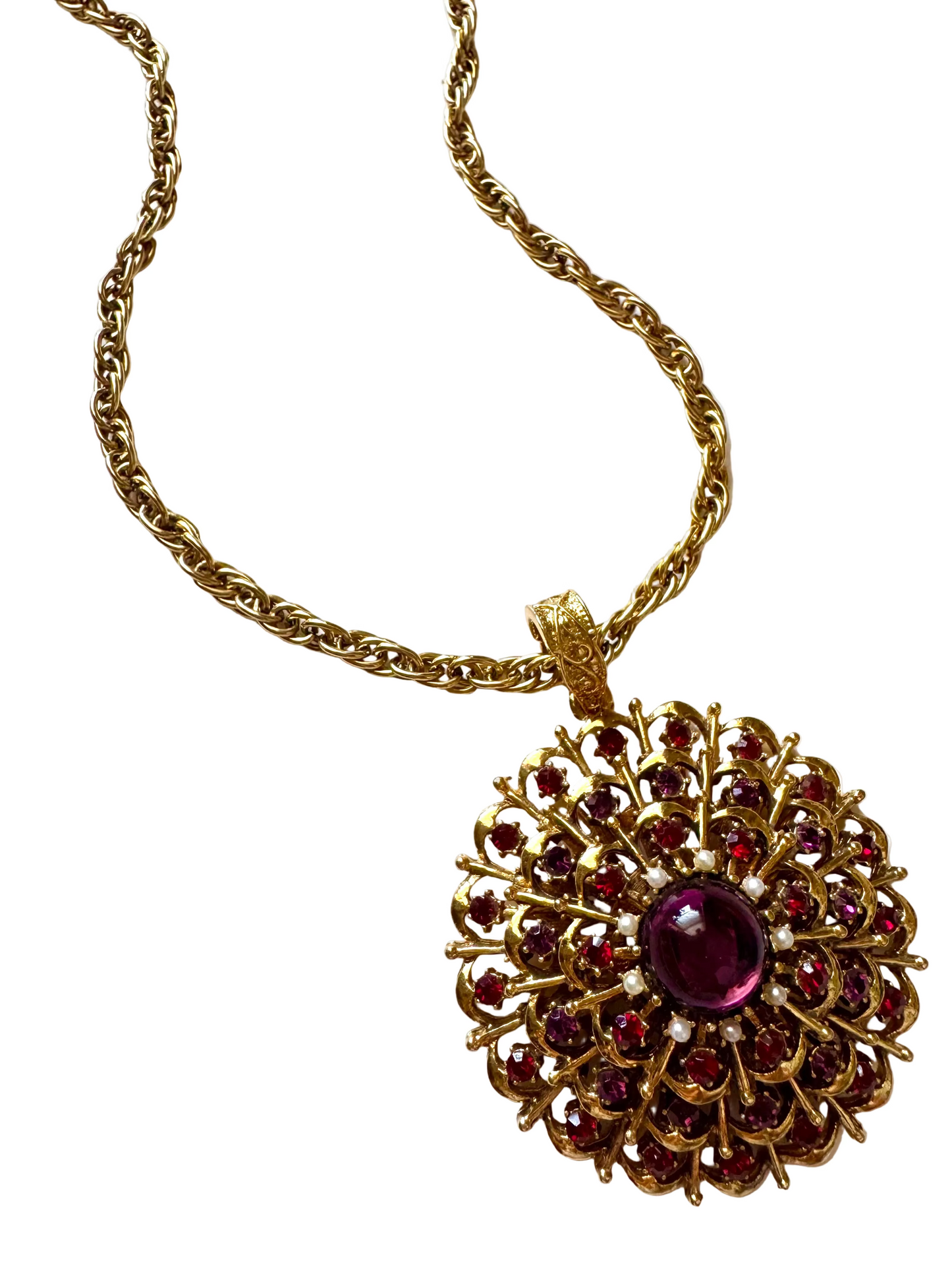 Vintage Victorian Revival Rhinestone & Faux Pearl Pendant Necklace