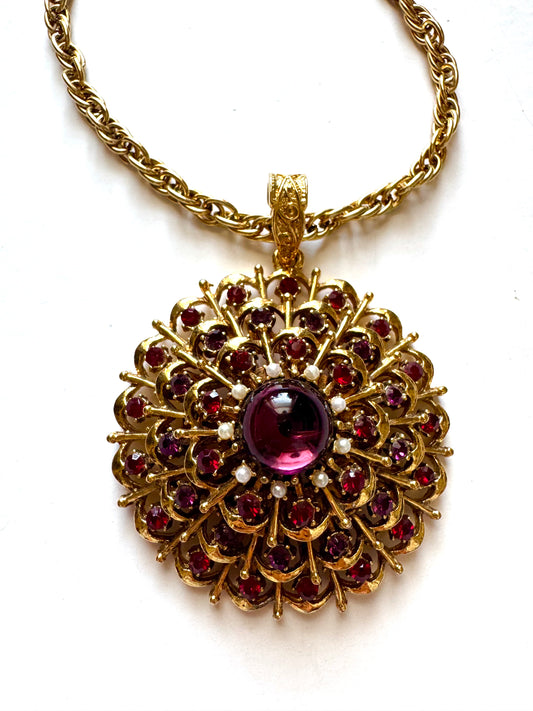 Vintage Victorian Revival Rhinestone & Faux Pearl Pendant Necklace