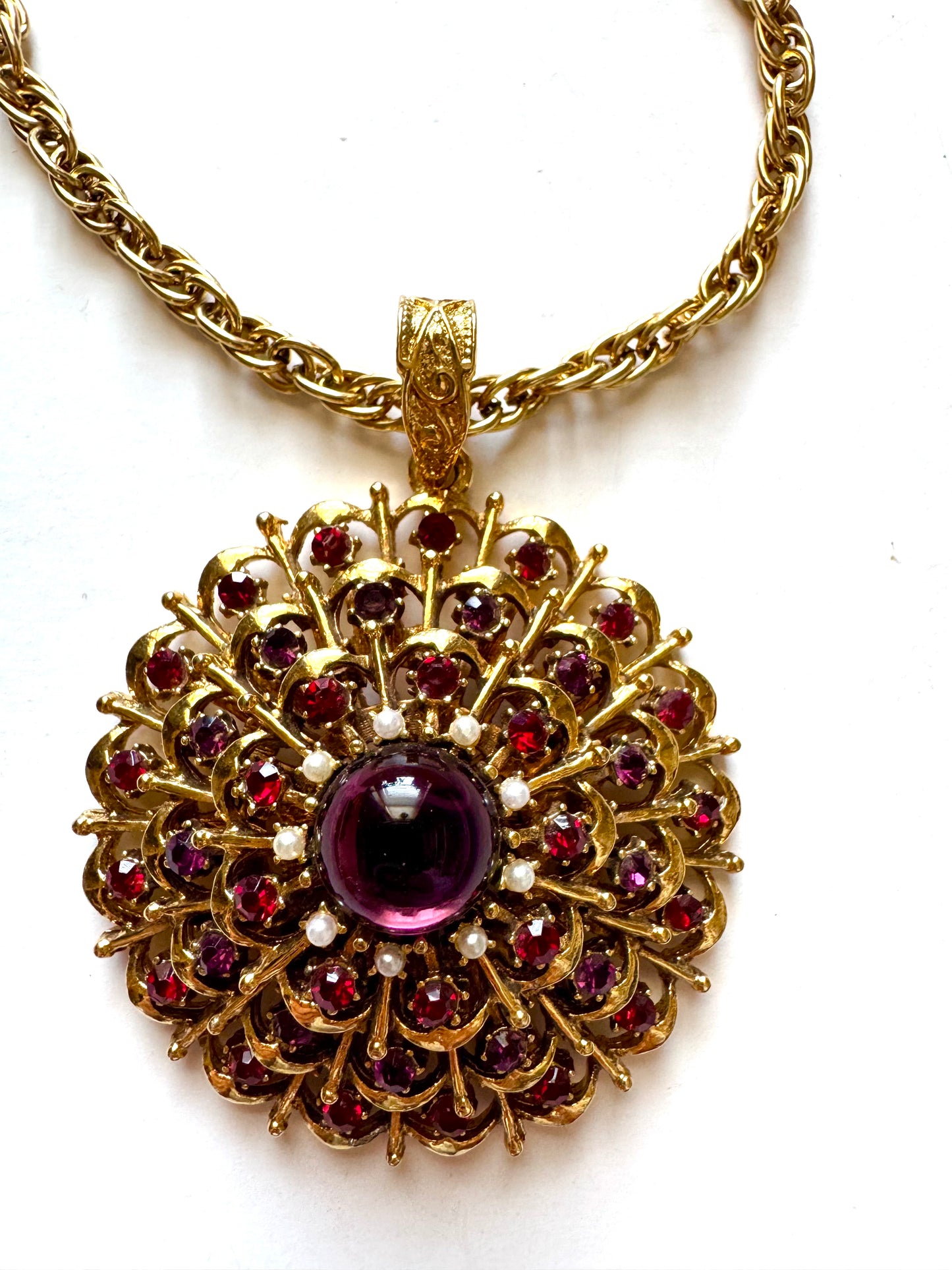 Vintage Victorian Revival Rhinestone & Faux Pearl Pendant Necklace