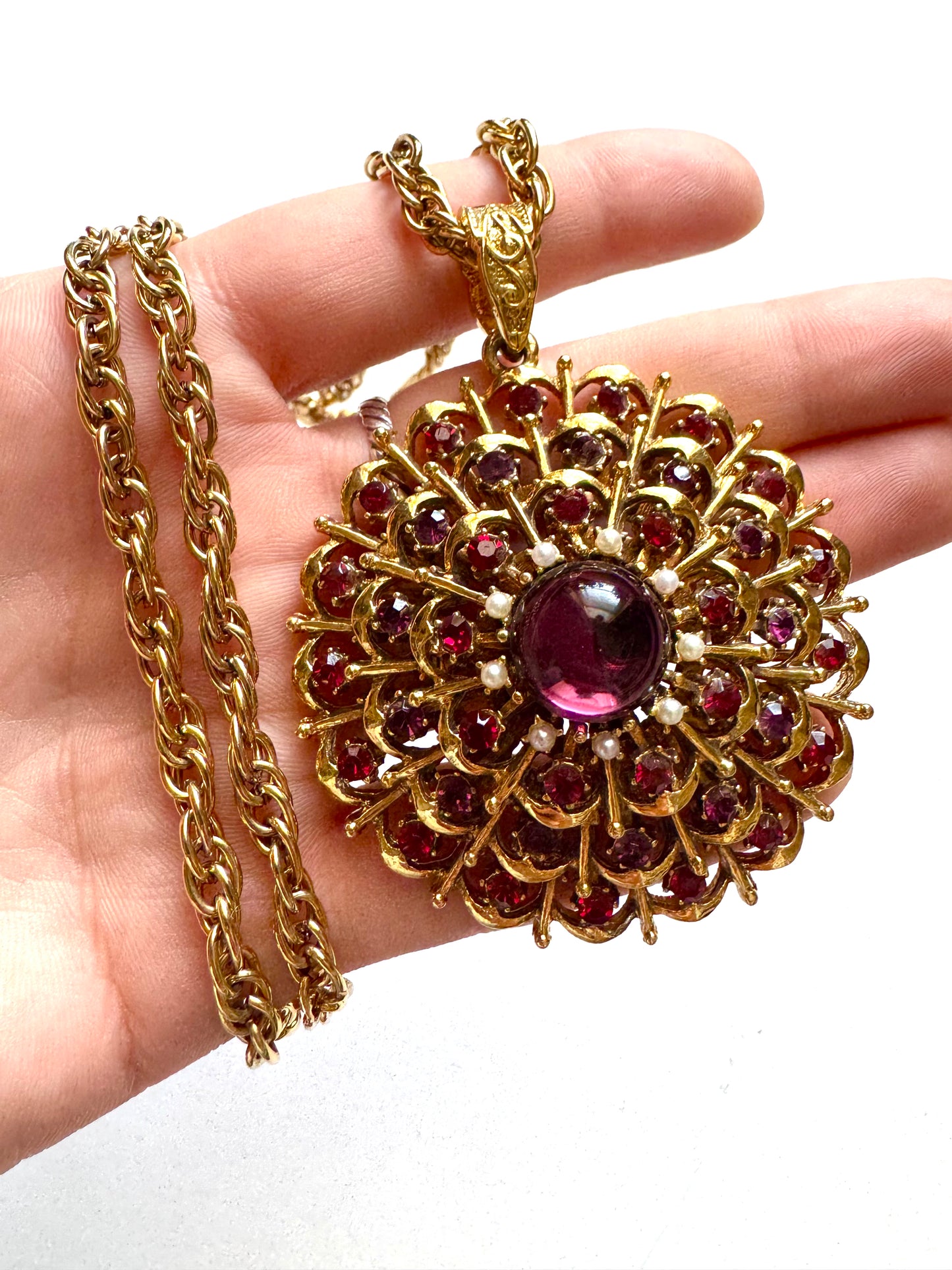 Vintage Victorian Revival Rhinestone & Faux Pearl Pendant Necklace