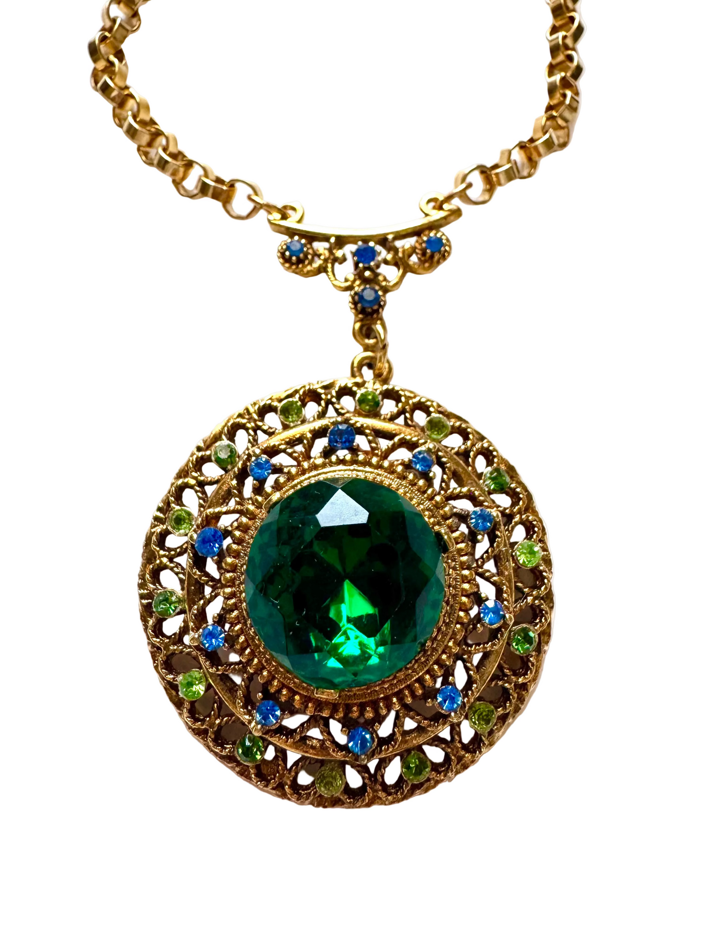 Vintage Jeweled Medallion Pendant Choker Necklace with Emerald Green Center Stone