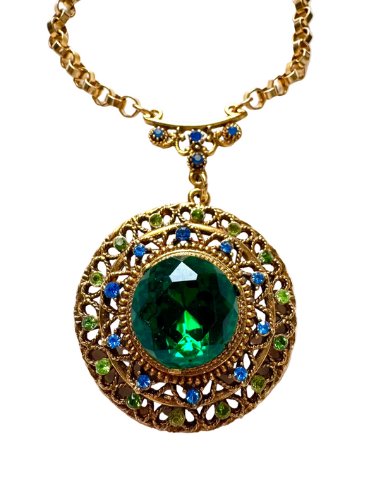 Vintage Jeweled Medallion Pendant Choker Necklace with Emerald Green Center Stone