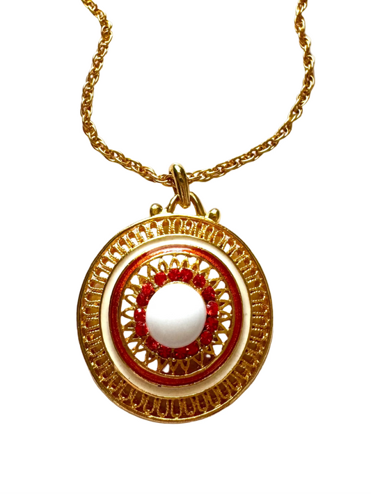Vintage Enamel & Rhinestone Medallion Pendant Necklace
