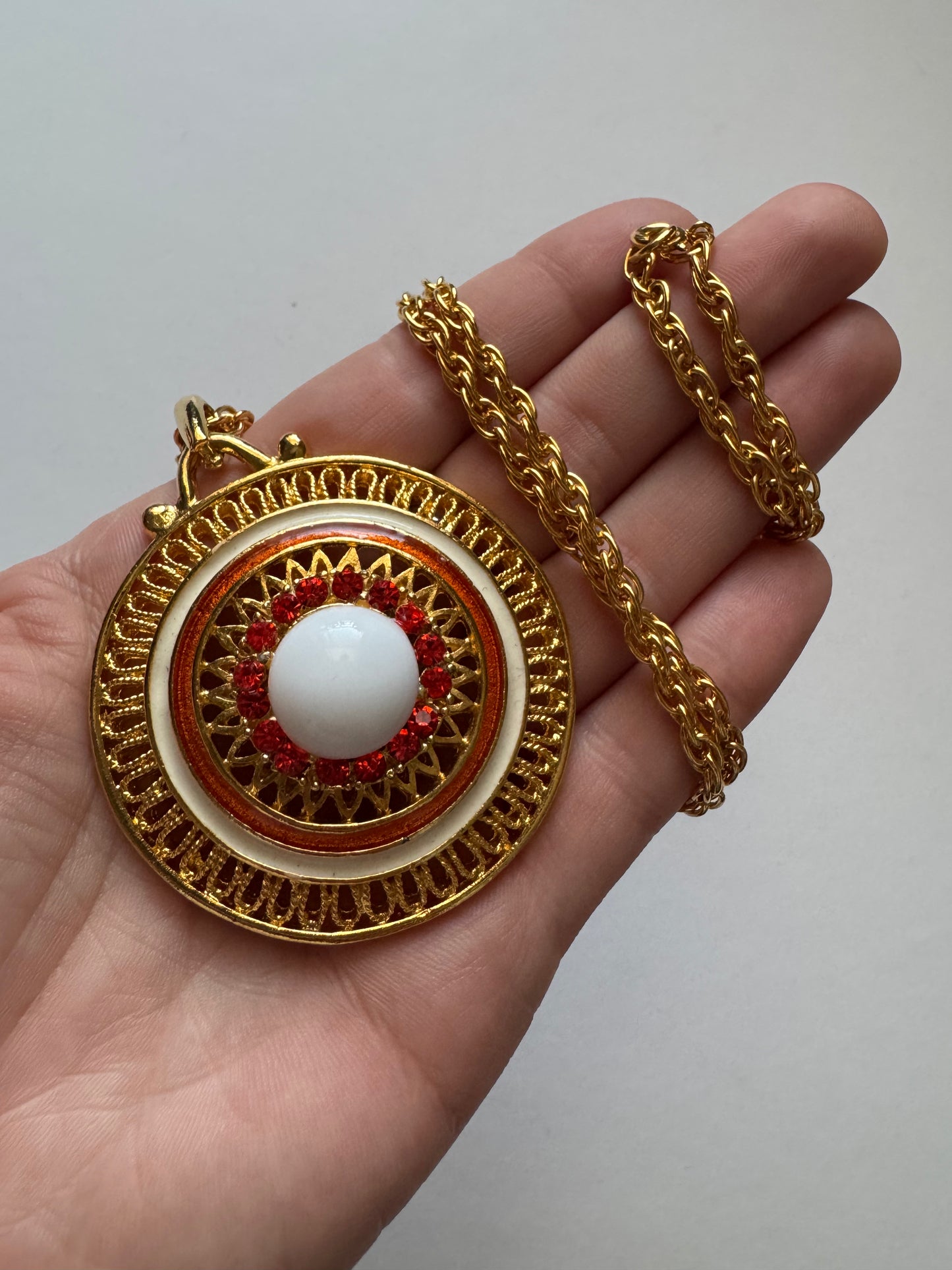 Vintage Enamel & Rhinestone Medallion Pendant Necklace